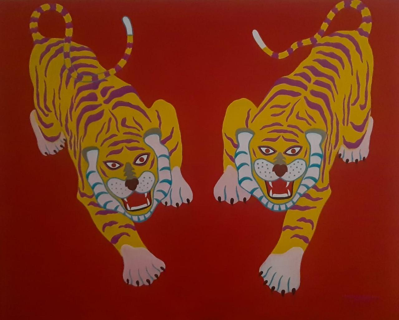Animal Painting Debabrata Basu - Tigres, acrylique sur toile, rouge, jaune par l'artiste indien contemporain « en stock »