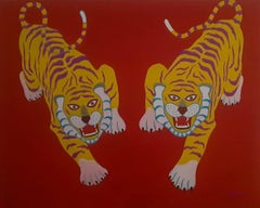 Tigers, Acrylic on Canvas, Red, Yellow by Contemporary Indian Artist "In Stock"
