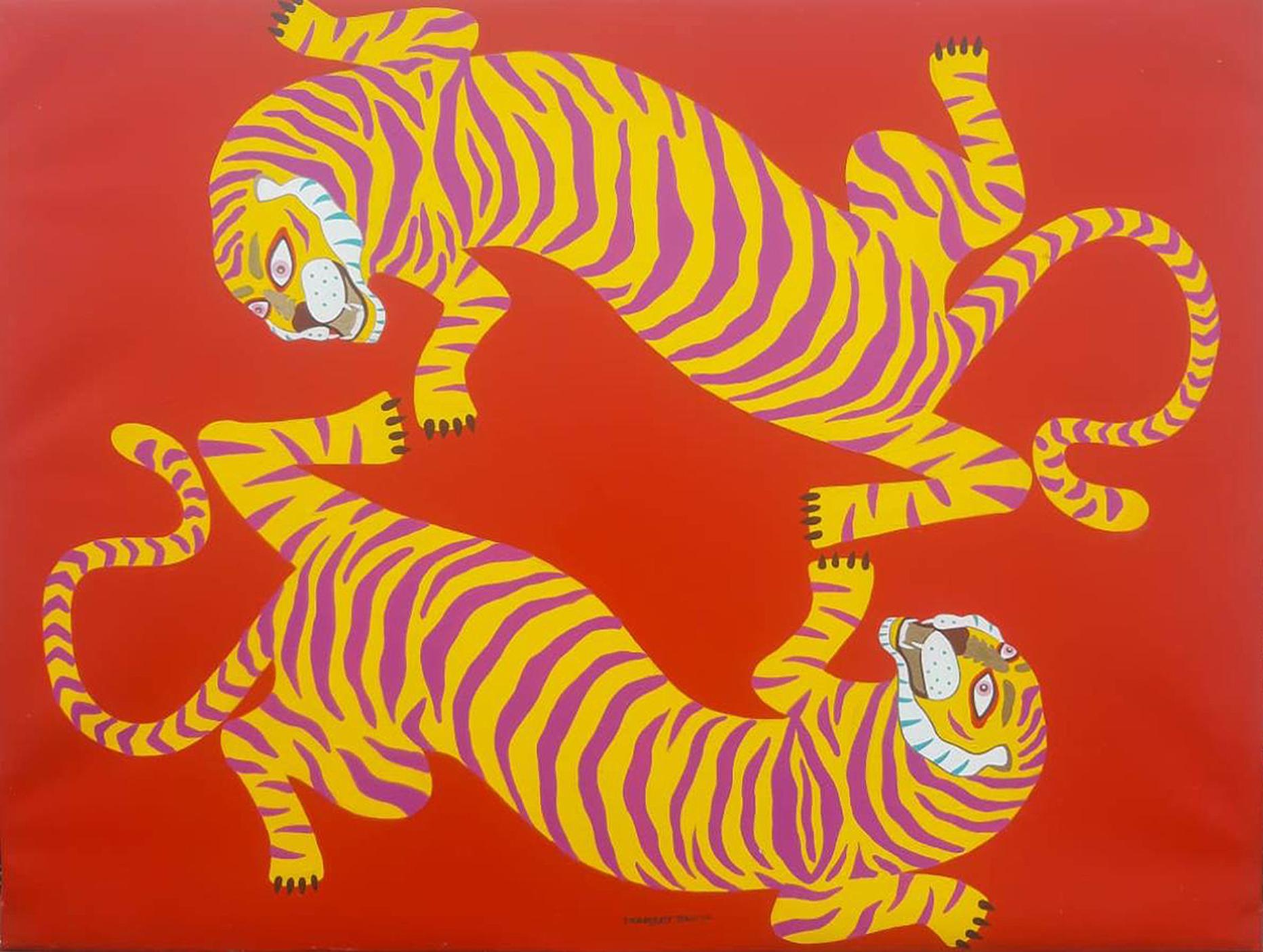 Animal Painting de Debabrata Basu - Tigres, Acrílico sobre Lienzo, Rojo, Amarillo por Artista Indio Contemporáneo "En Stock"