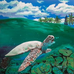 Tortoise, Animal, Acrylique sur Toile, Bleu, Vert, Artiste Contemporain "En Stock"