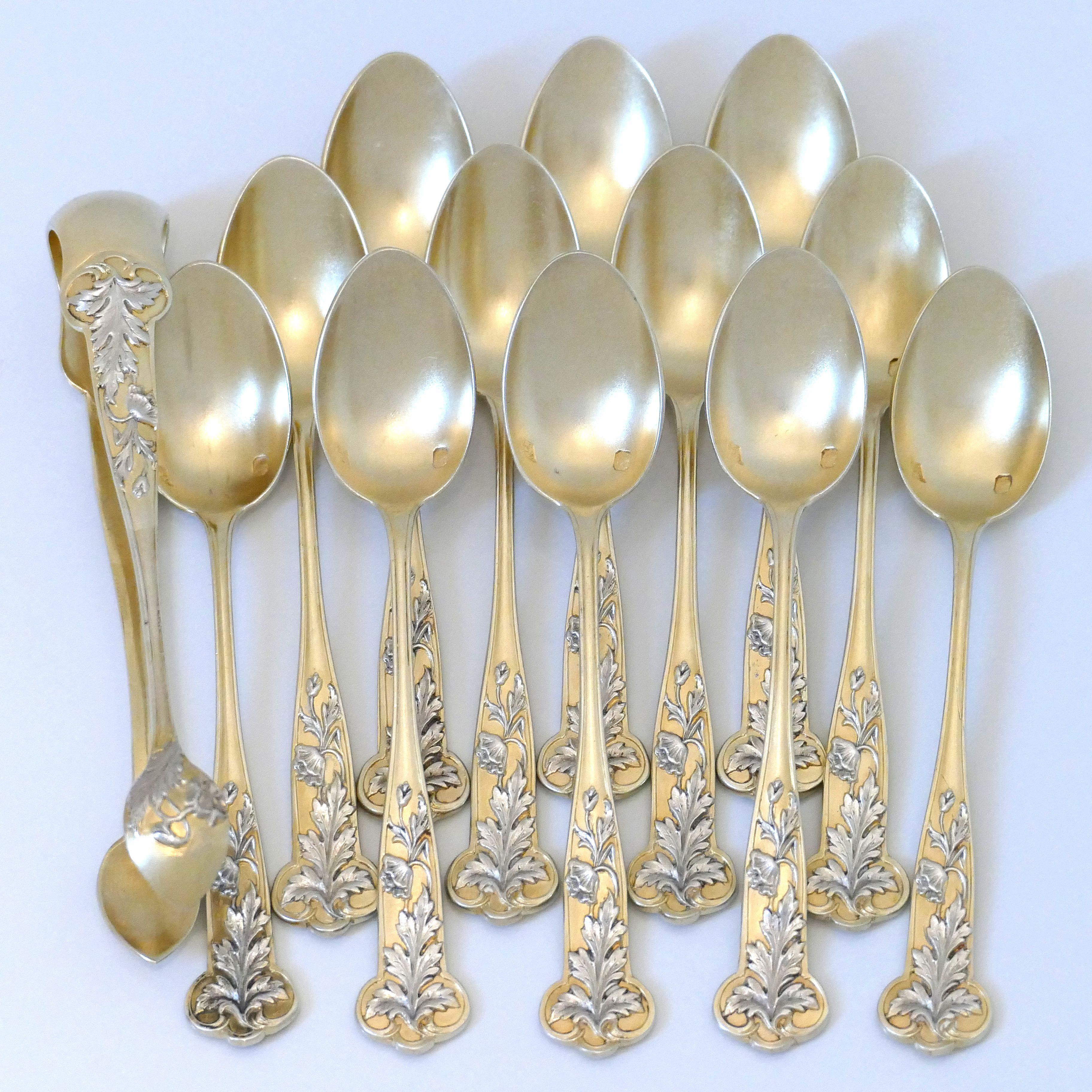 Debain French Sterling Silver 18-Karat Gold Tea Moka Set, Tea Spoons, Sugar Tong For Sale 6