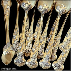 Debain French Sterling Silver 18-Karat Gold Tea Moka Set, Tea Spoons, Sugar Tong