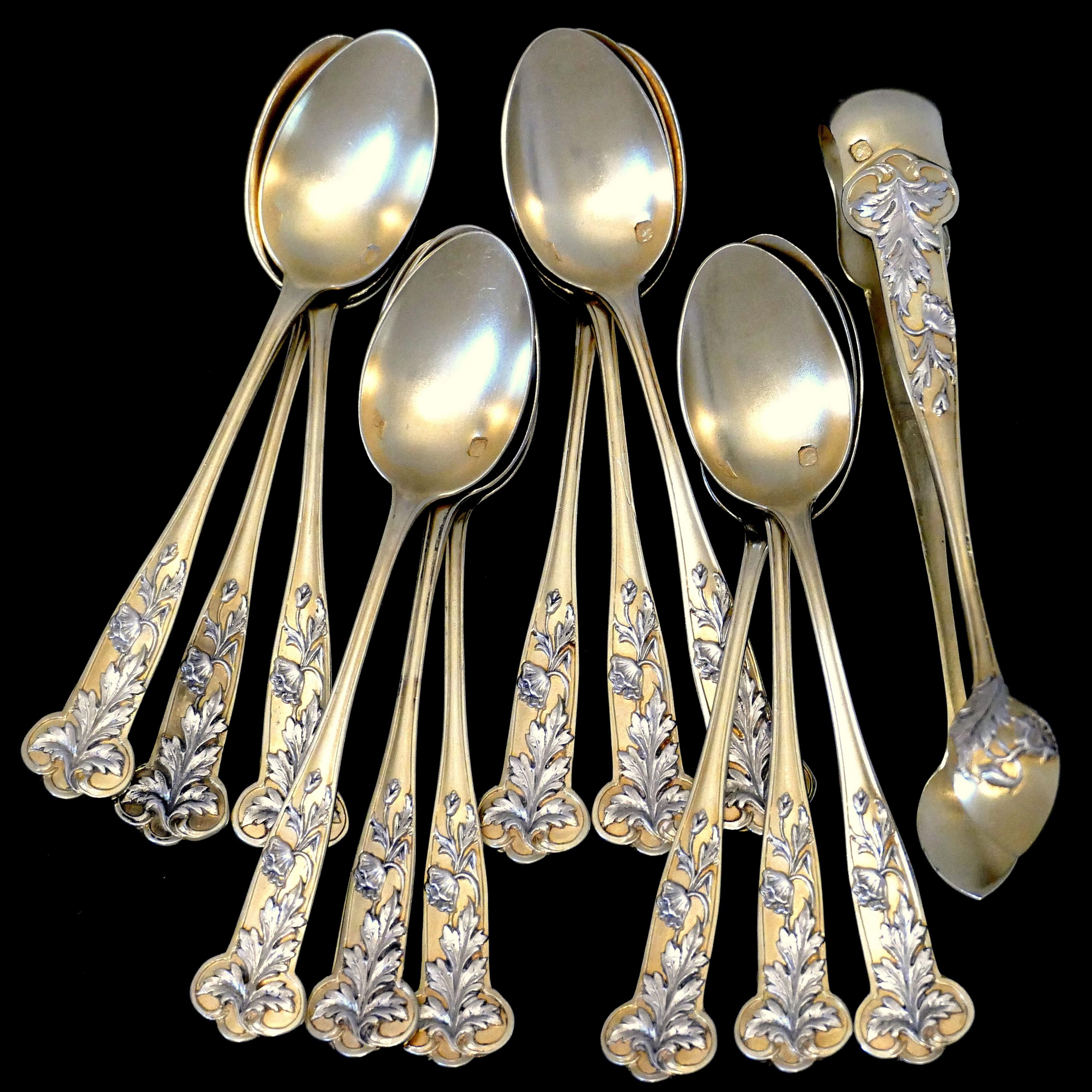 Art Nouveau Debain French Sterling Silver 18-Karat Gold Tea Moka Set, Tea Spoons, Sugar Tong For Sale