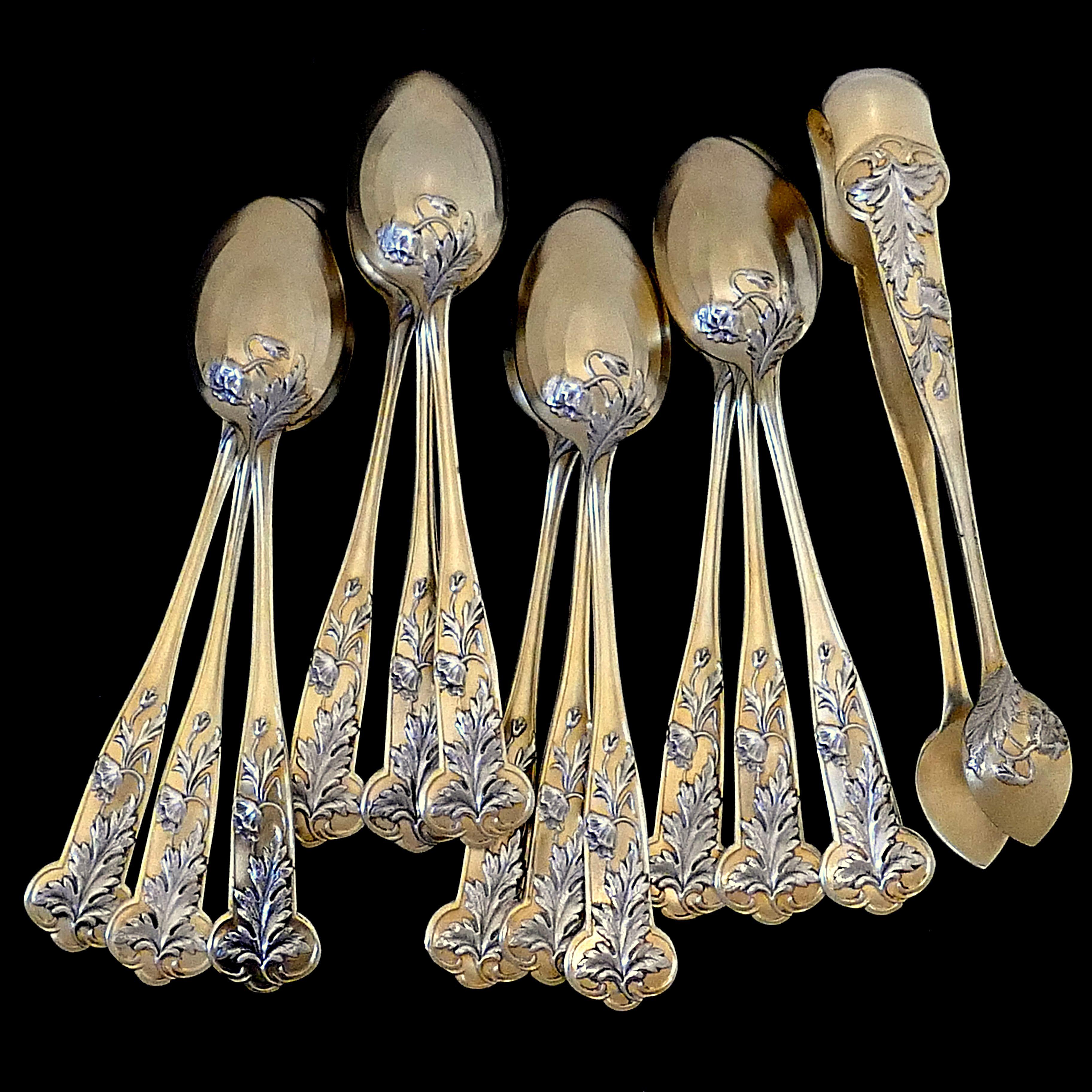 Debain French Sterling Silver 18-Karat Gold Tea Moka Set, Tea Spoons, Sugar Tong In Good Condition For Sale In TRIAIZE, PAYS DE LOIRE