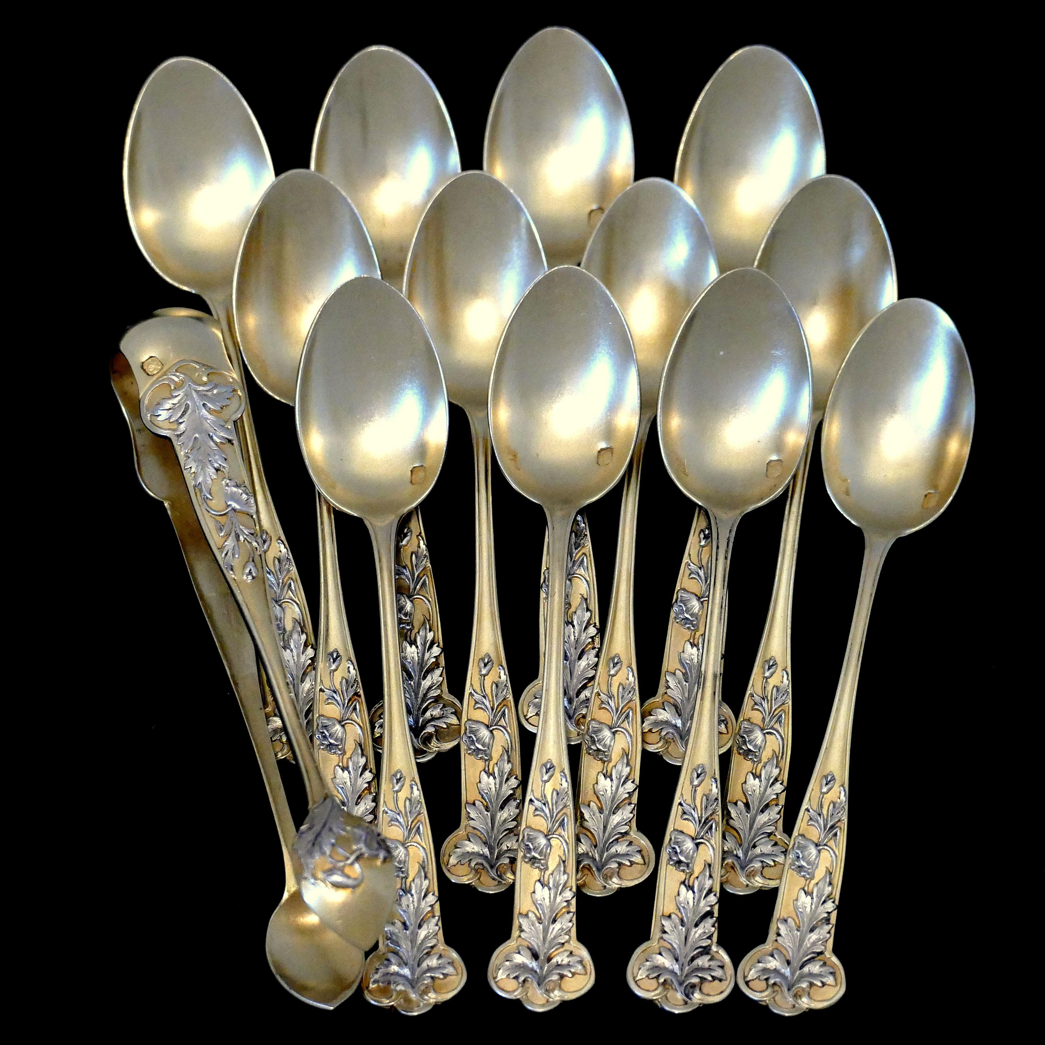 Debain French Sterling Silver 18-Karat Gold Tea Moka Set, Tea Spoons, Sugar Tong For Sale 1