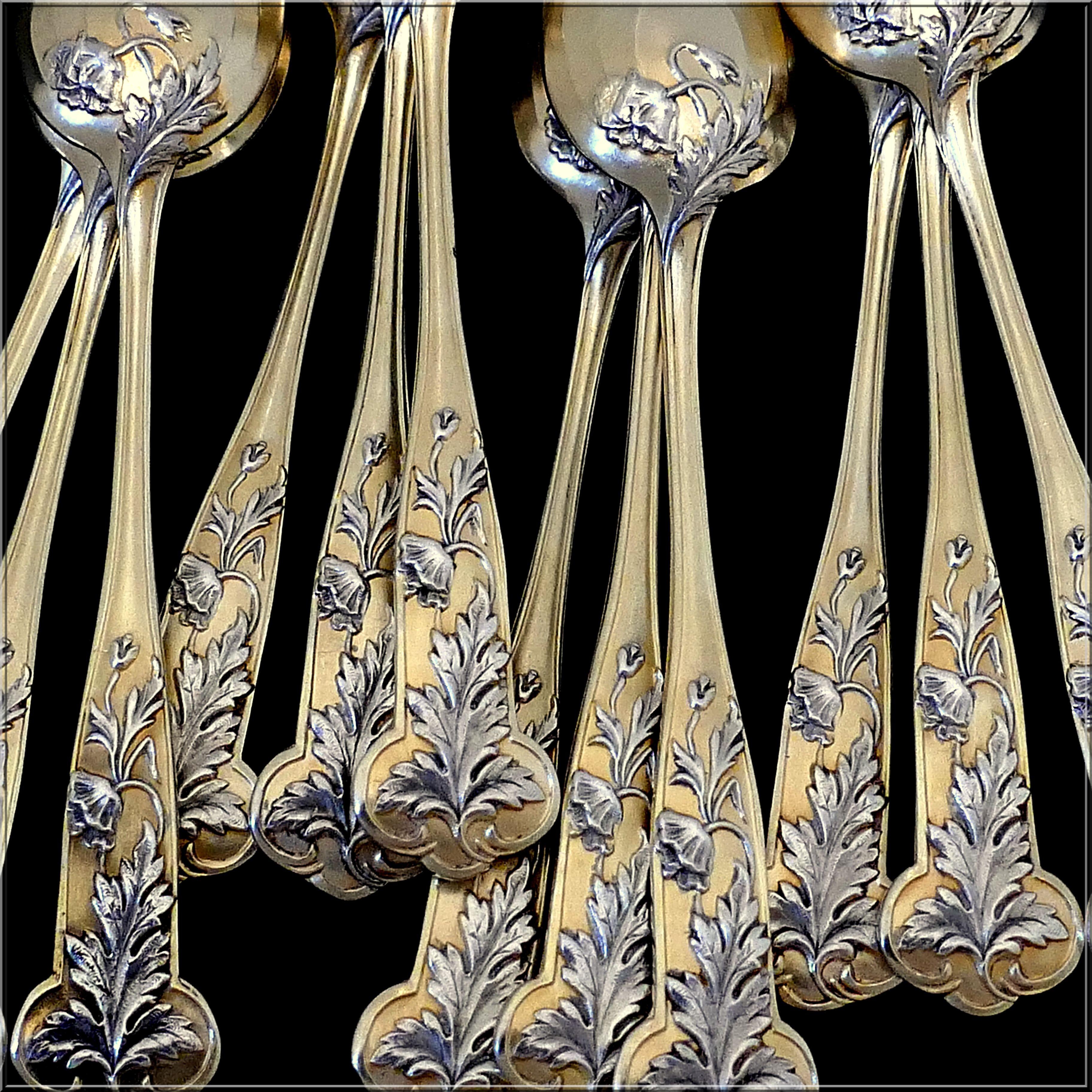 Debain French Sterling Silver 18-Karat Gold Tea Moka Set, Tea Spoons, Sugar Tong For Sale 2