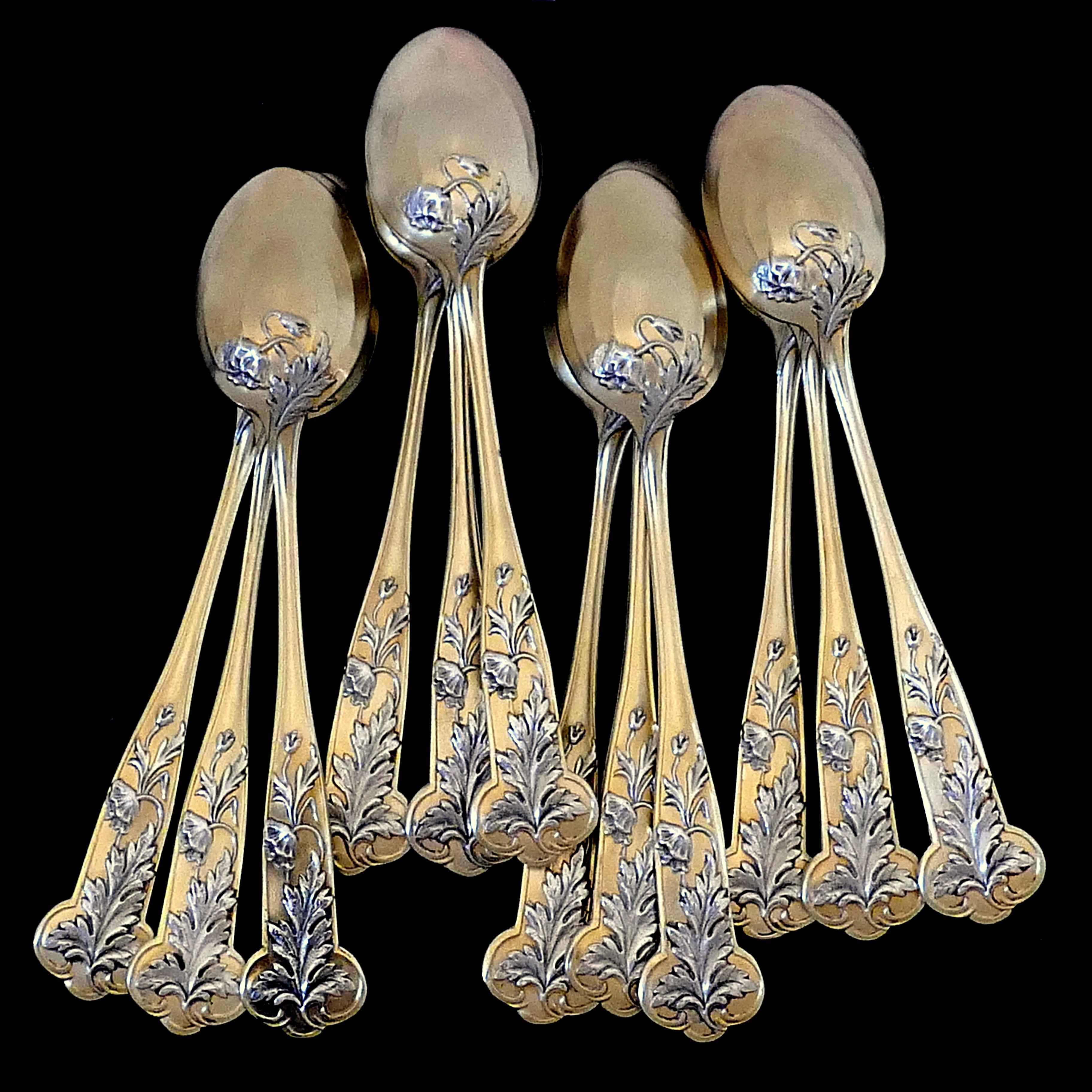 Debain French Sterling Silver 18-Karat Gold Tea Moka Set, Tea Spoons, Sugar Tong For Sale 4