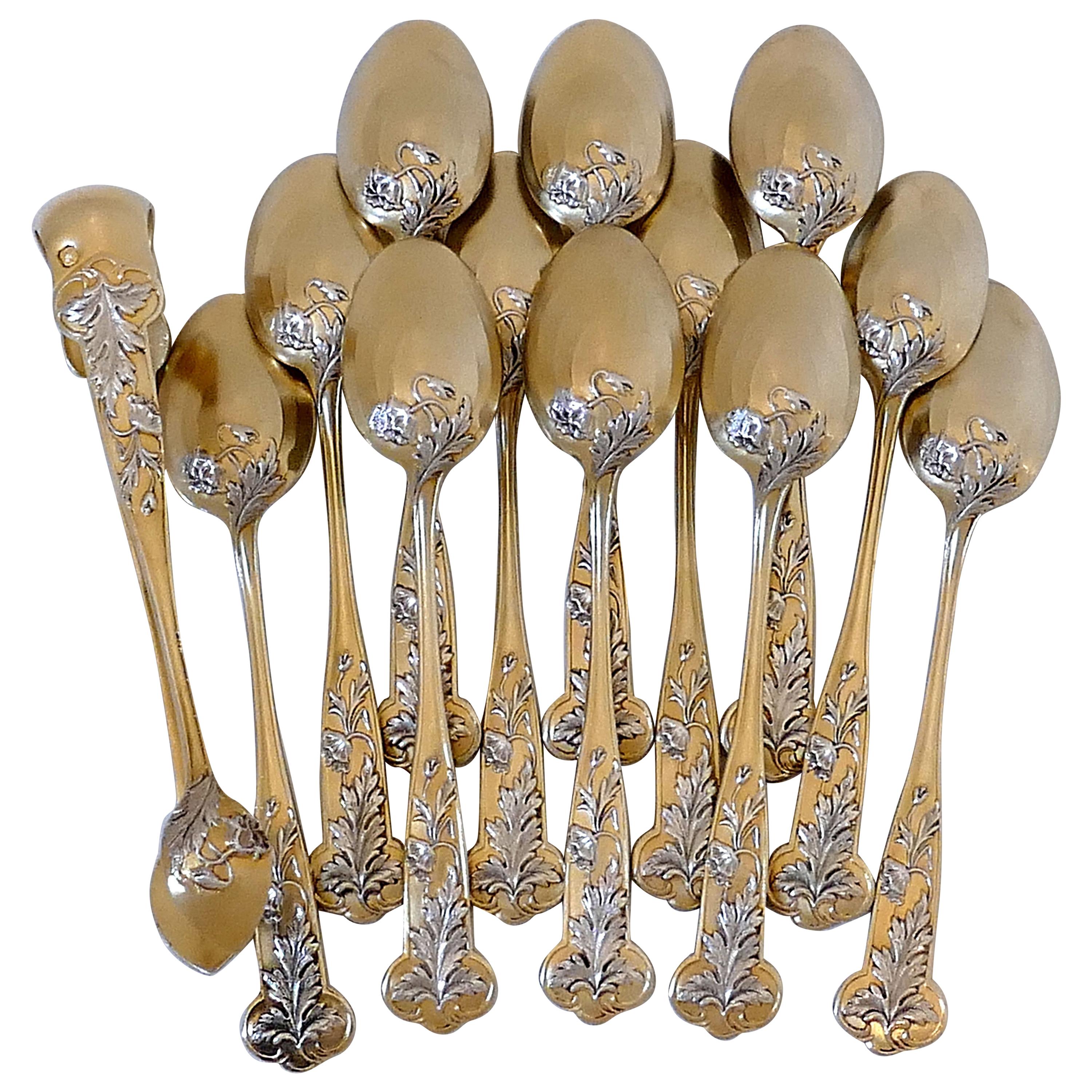 Debain French Sterling Silver 18-Karat Gold Tea Moka Set, Tea Spoons, Sugar Tong For Sale
