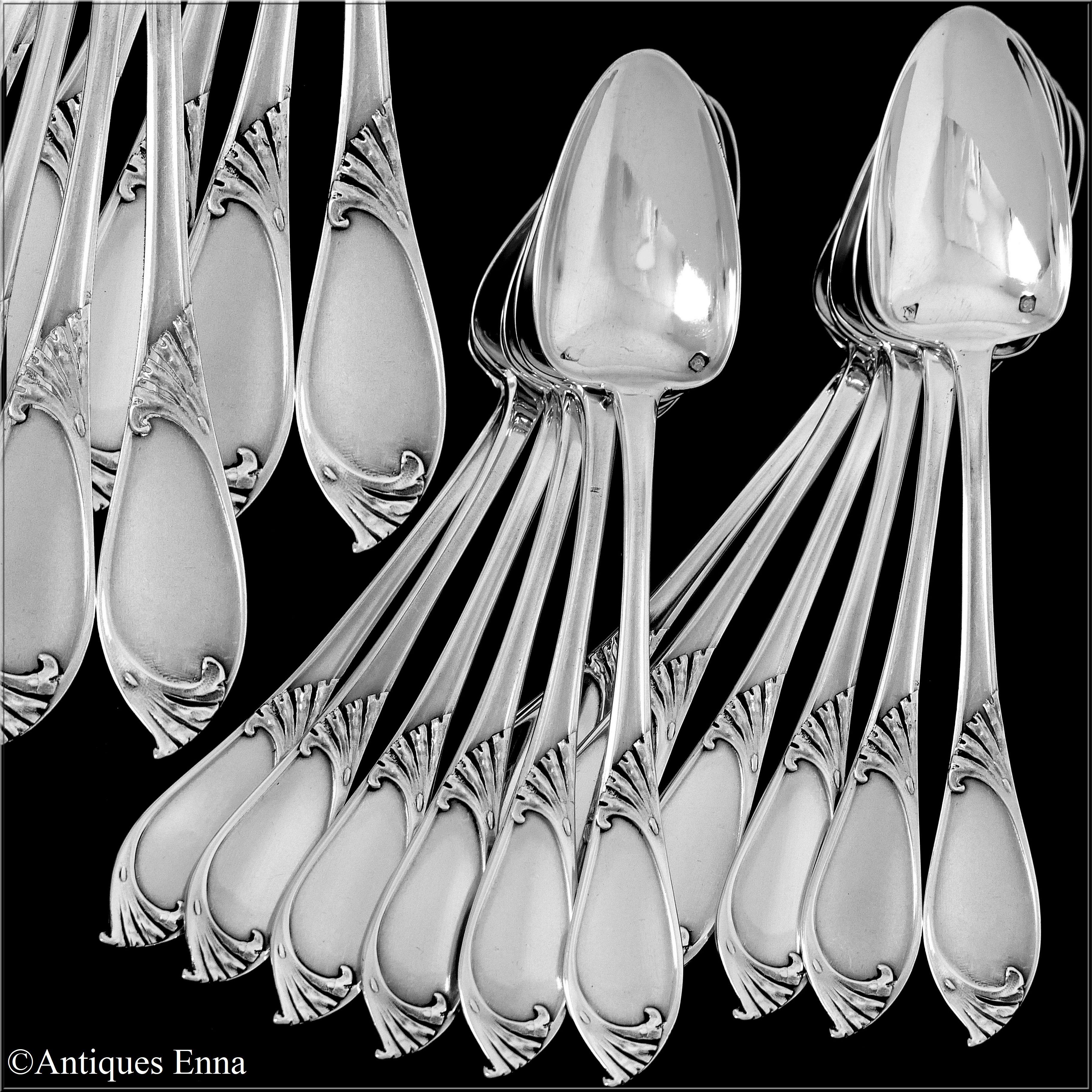 Head of Minerve 1st titre for 950/1000 French sterling silver guarantee. 

Antique French sterling silver tea, coffee or dessert spoons set of twelve pieces with fantastic and rare seaweed decoration in the Art Nouveau style. No monograms. The set