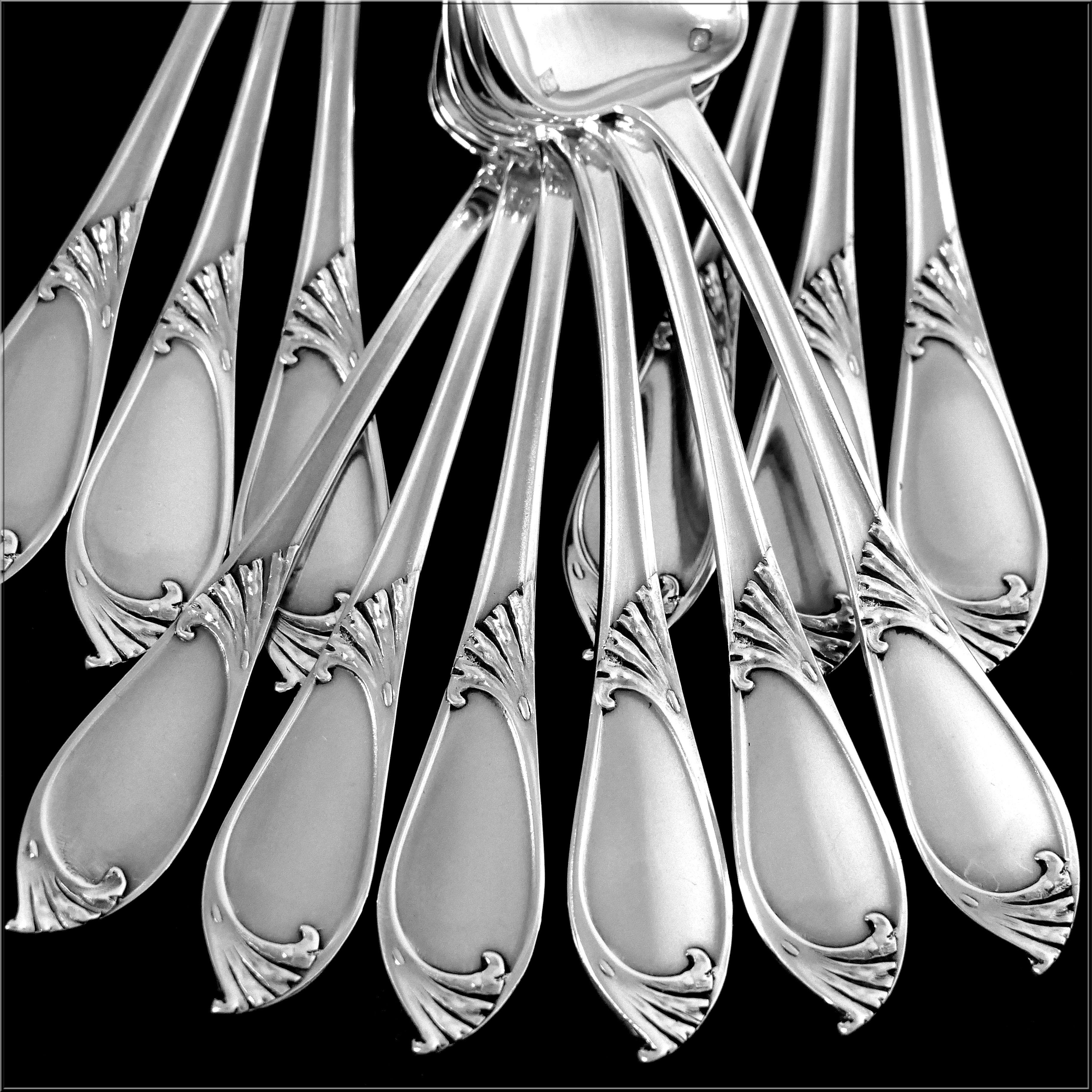 Debain French Sterling Silver Tea Coffee Dessert Spoons Set of 12 Pc Box Seaweed In Good Condition In TRIAIZE, PAYS DE LOIRE