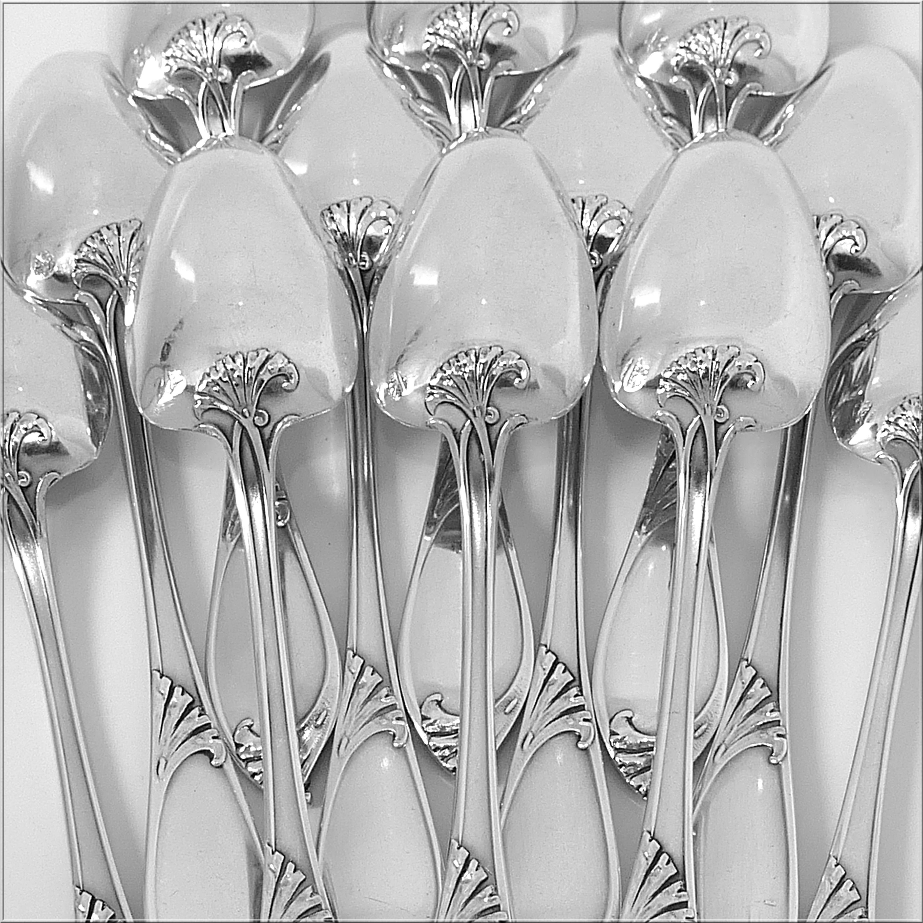 Late 19th Century Debain French Sterling Silver Tea Coffee Dessert Spoons Set of 12 Pc Box Seaweed