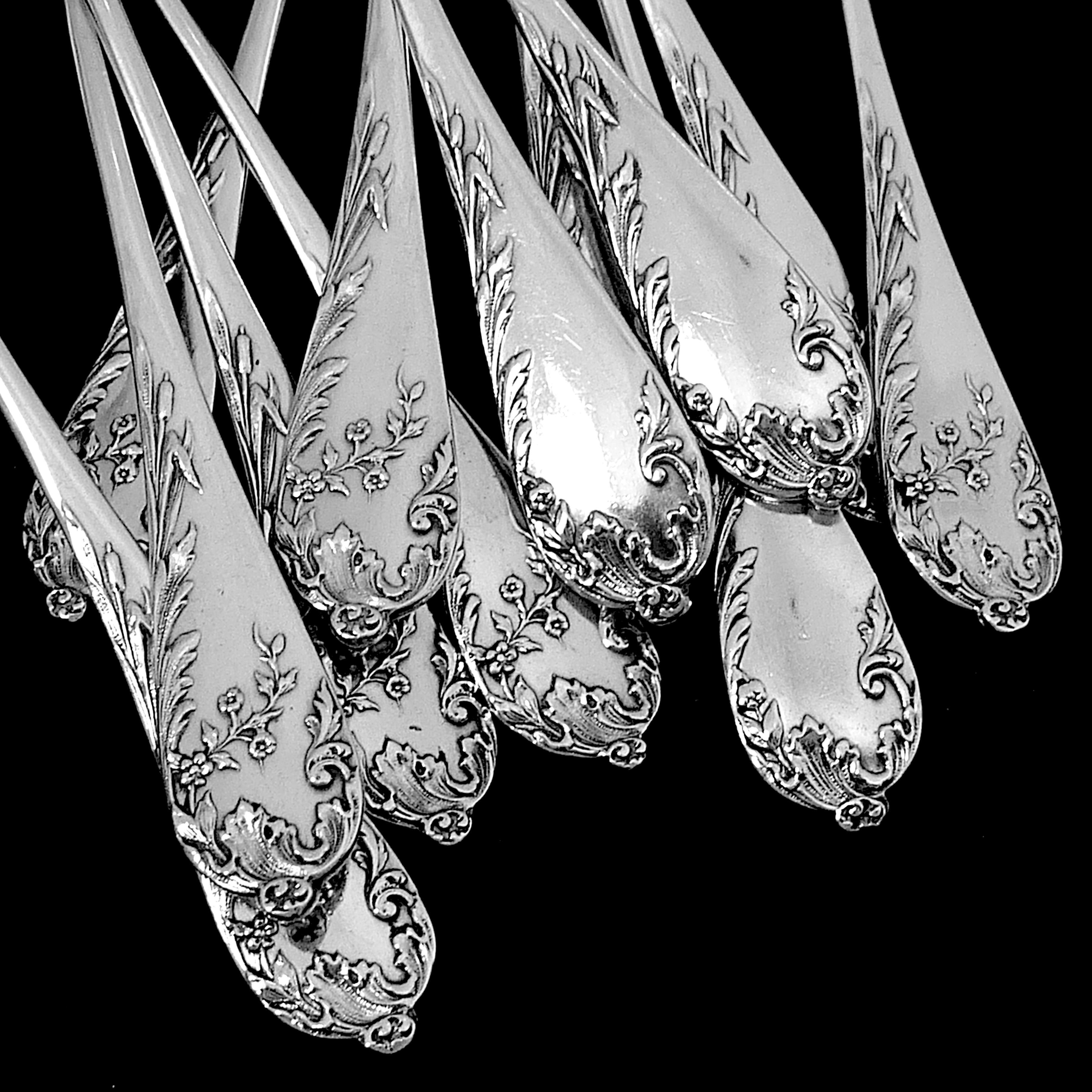 Late 19th Century Debain French Sterling Silver Tea Coffee Spoons Set 12 Pc, Art Nouveau For Sale