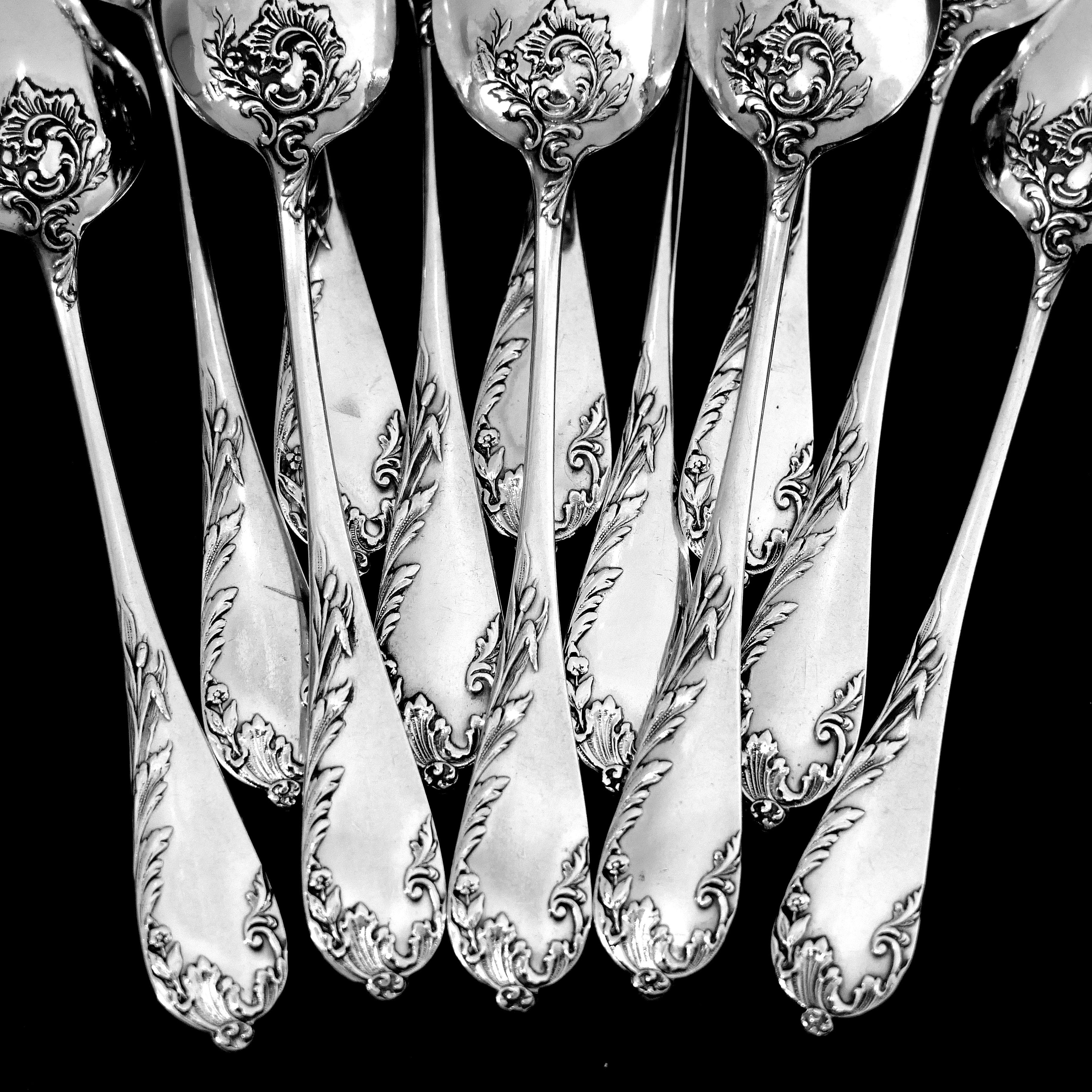 Debain French Sterling Silver Tea Coffee Spoons Set 12 Pc, Art Nouveau For Sale 1