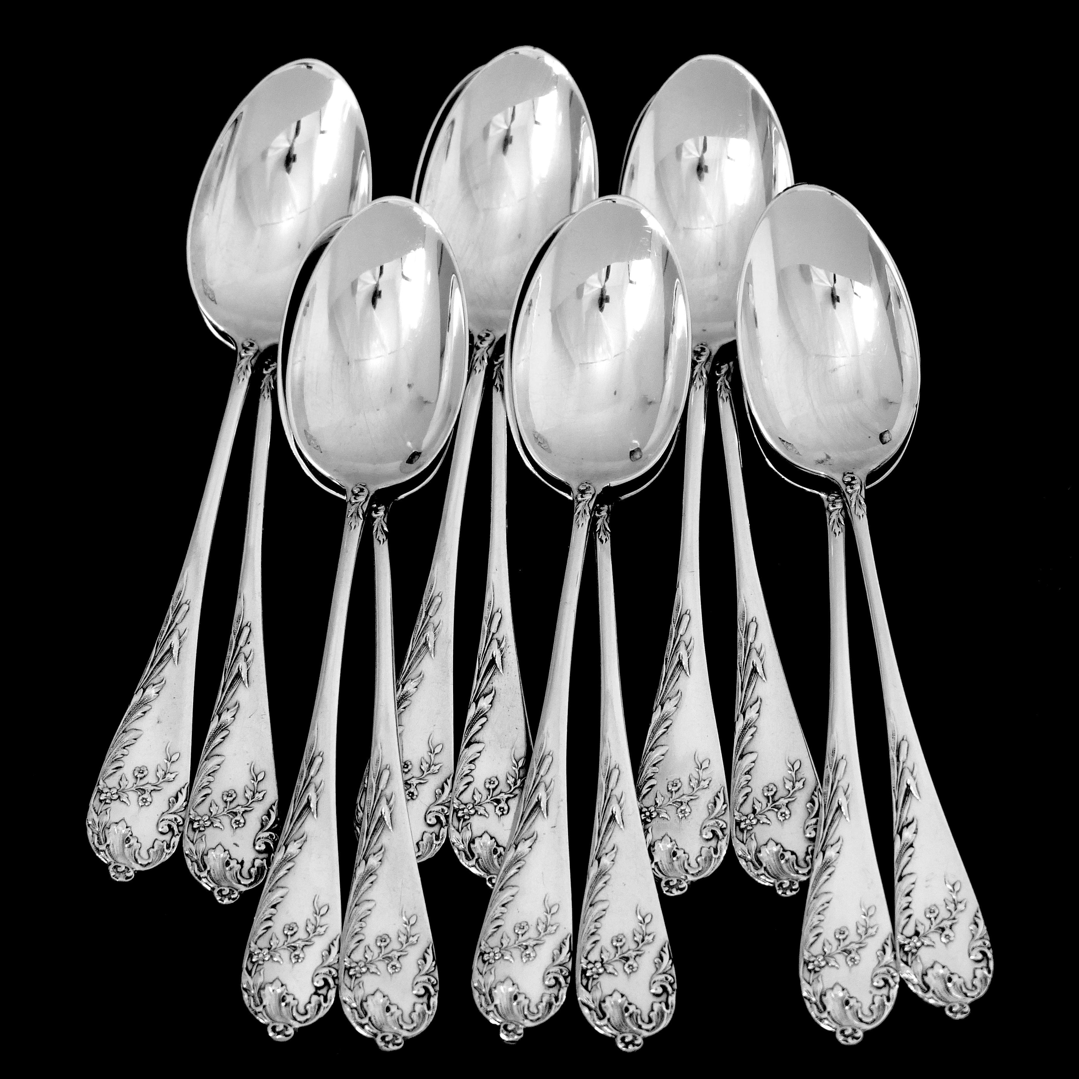 Debain French Sterling Silver Tea Coffee Spoons Set 12 Pc, Art Nouveau For Sale 2