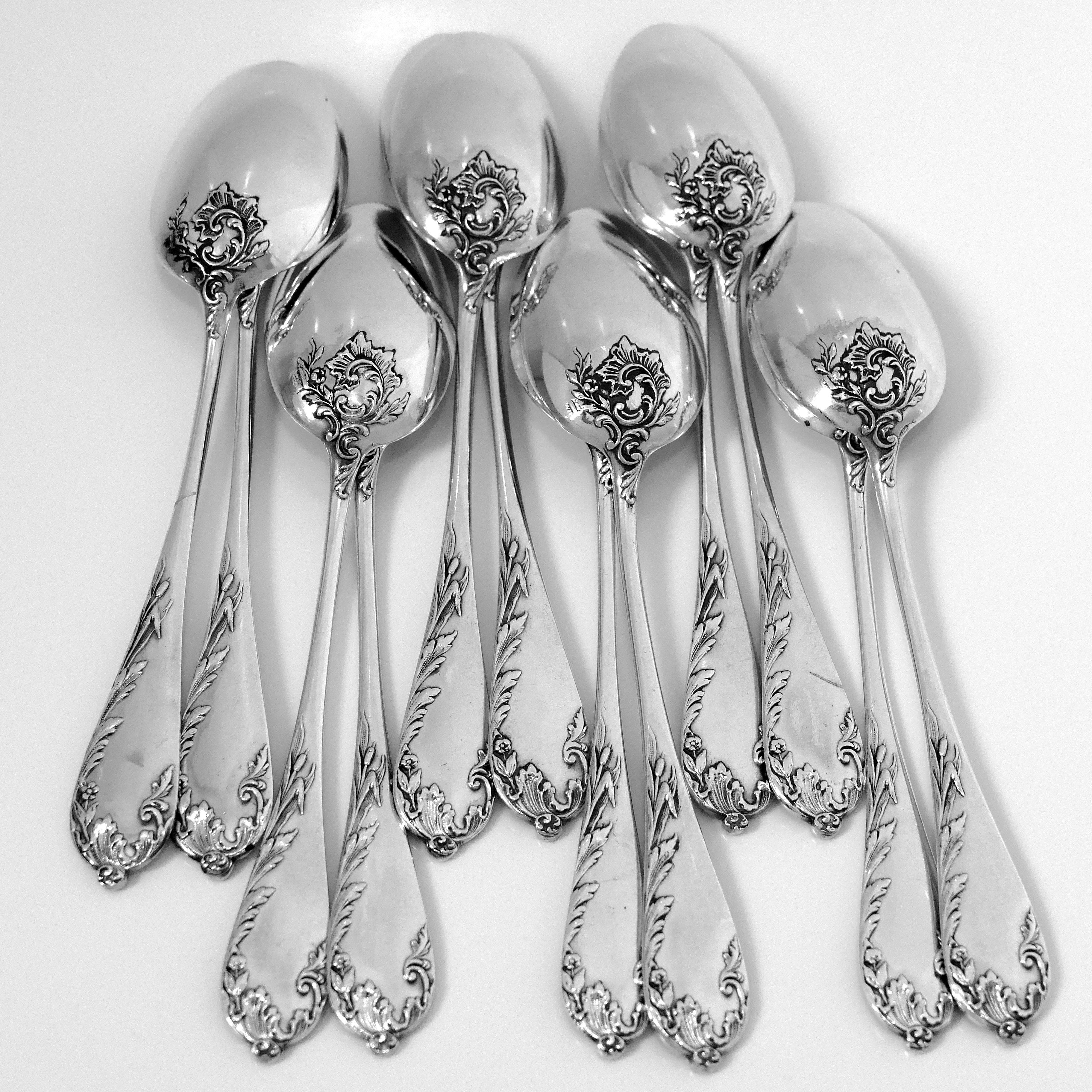 Debain French Sterling Silver Tea Coffee Spoons Set 12 Pc, Art Nouveau For Sale 3