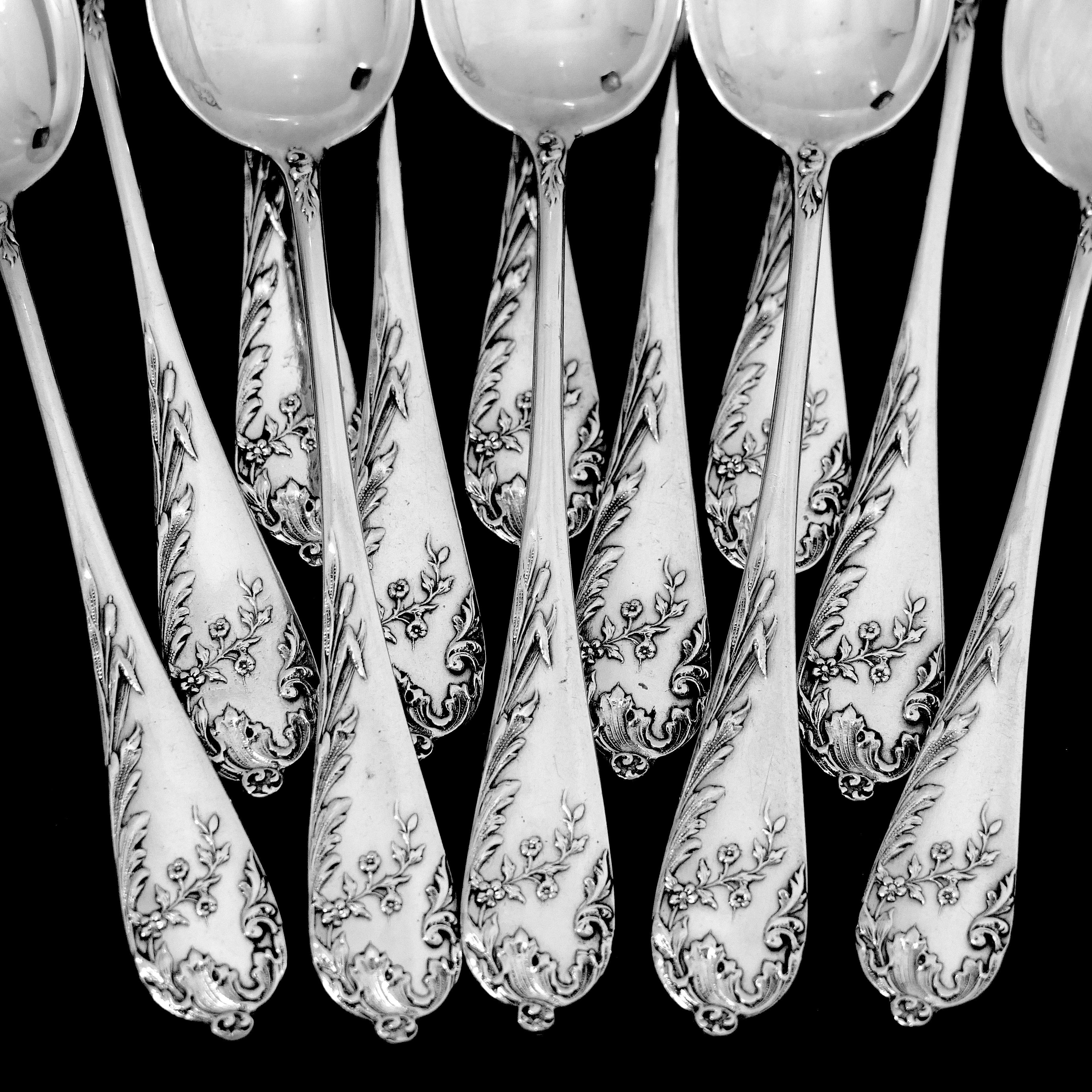 Debain French Sterling Silver Tea Coffee Spoons Set 12 Pc, Art Nouveau For Sale 4