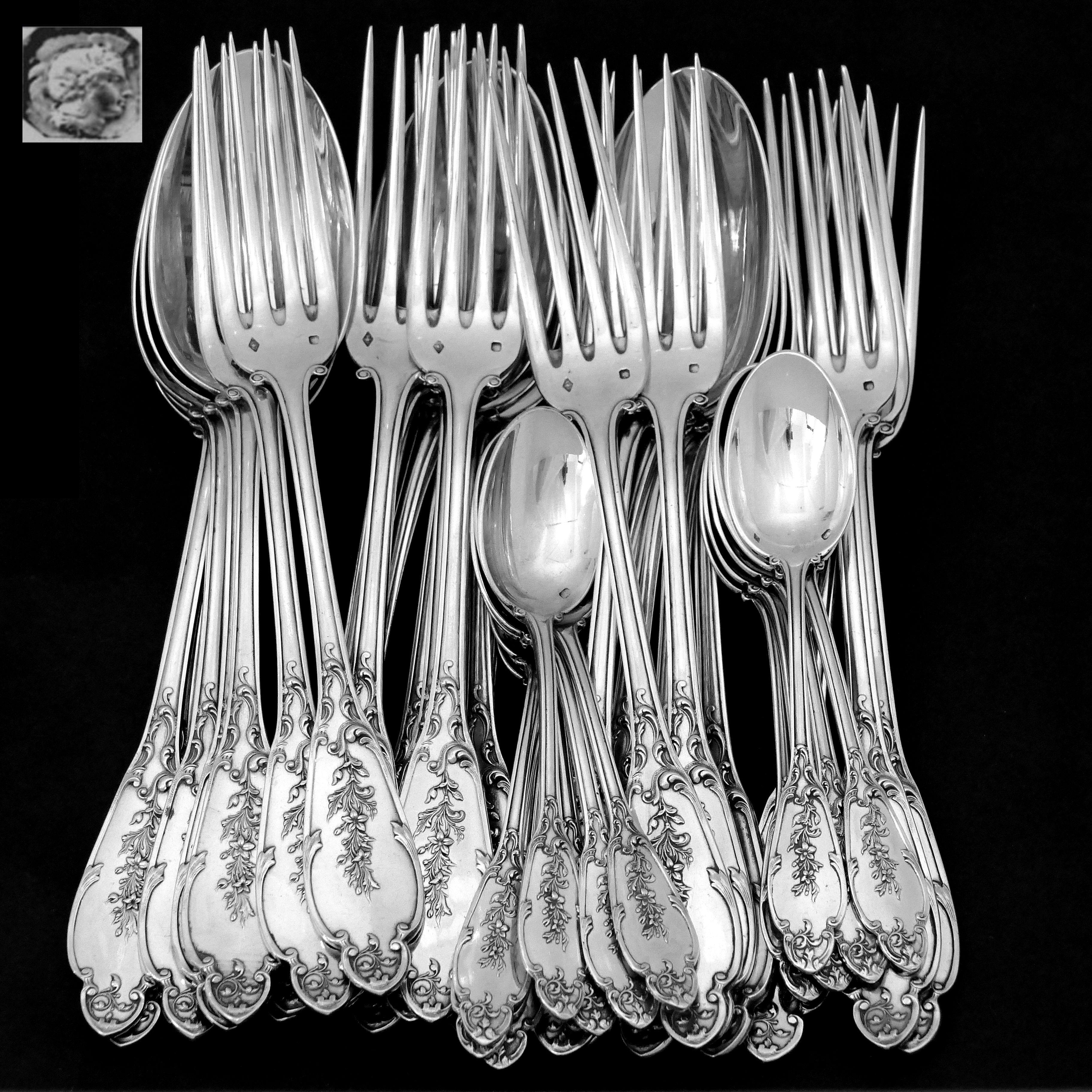 Art Nouveau Debain Henin French Sterling Silver Dinner Flatware Set of 49-Pc, Box, Flowers For Sale