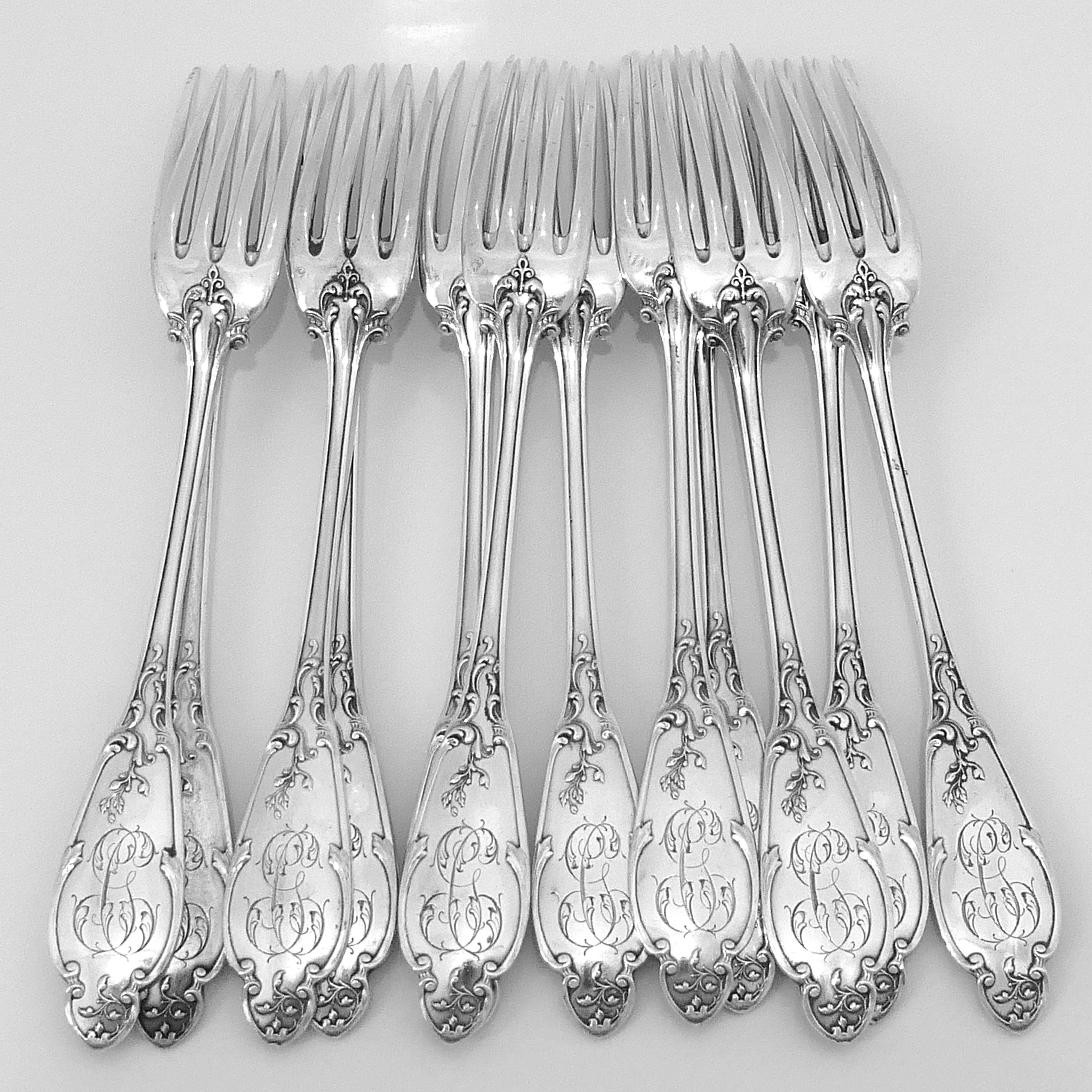 Debain Henin French Sterling Silver Dinner Flatware Set of 49-Pc, Box, Flowers In Good Condition For Sale In TRIAIZE, PAYS DE LOIRE