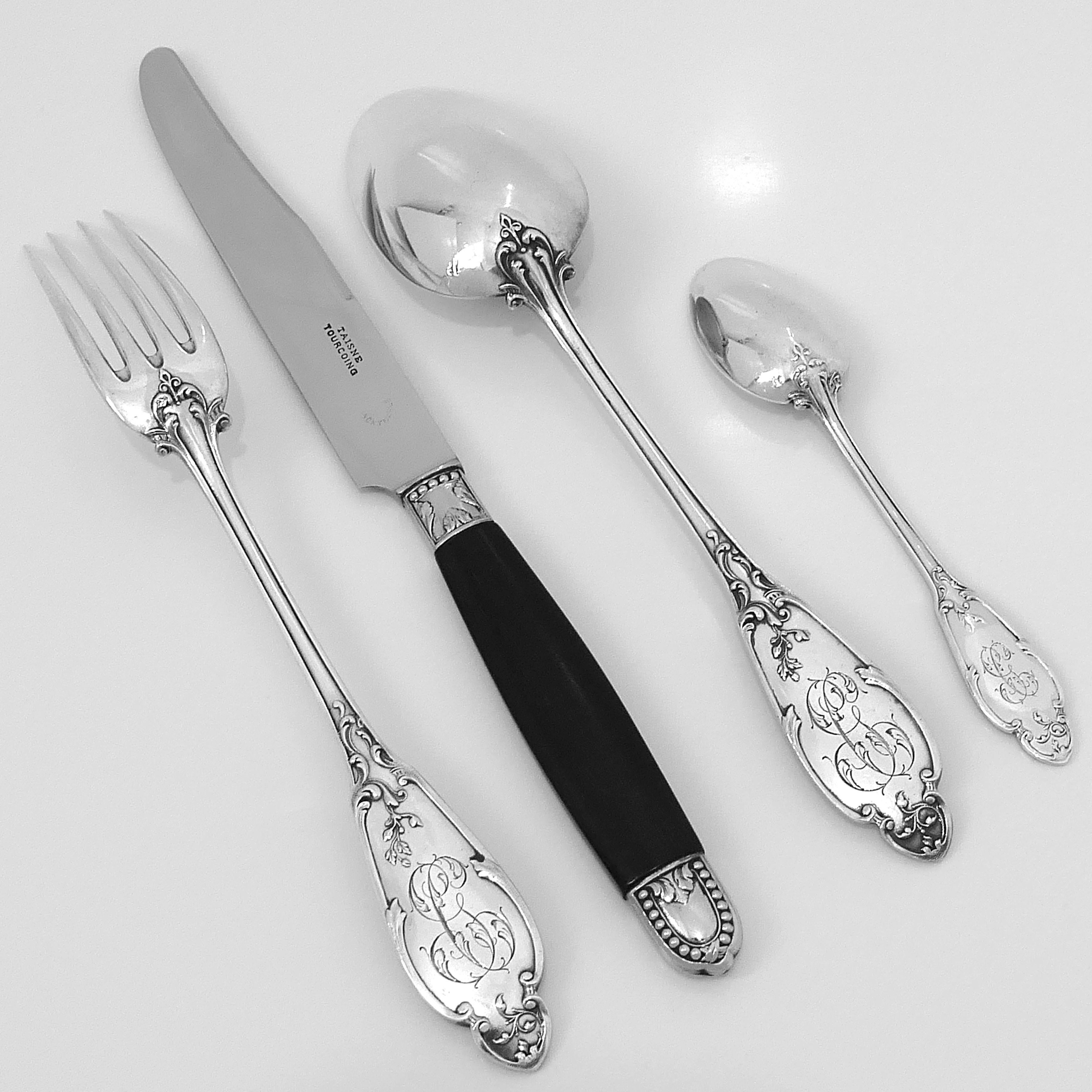 Debain Henin French Sterling Silver Dinner Flatware Set of 49-Pc, Box, Flowers For Sale 1