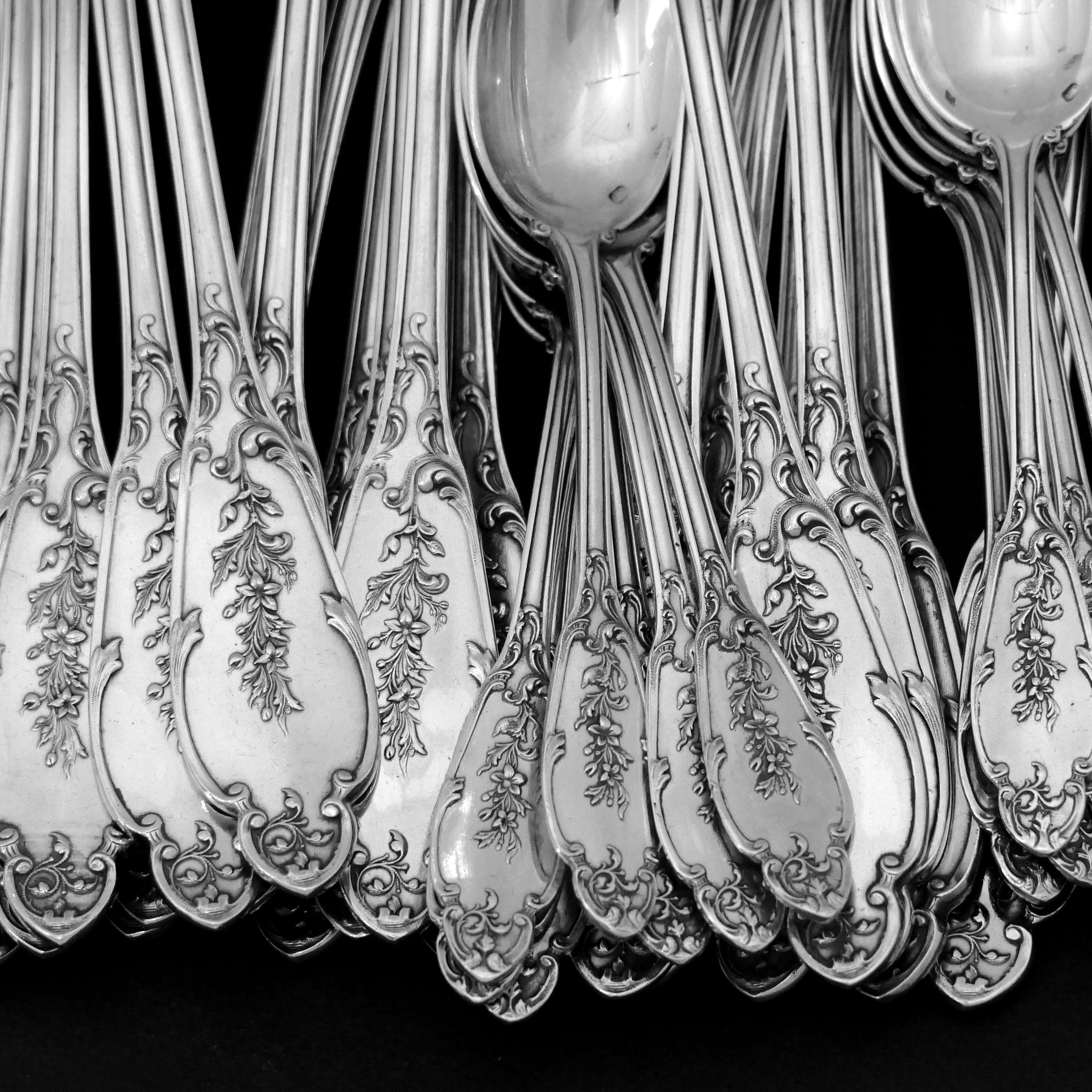 Debain Henin French Sterling Silver Dinner Flatware Set of 49-Pc, Box, Flowers For Sale 4