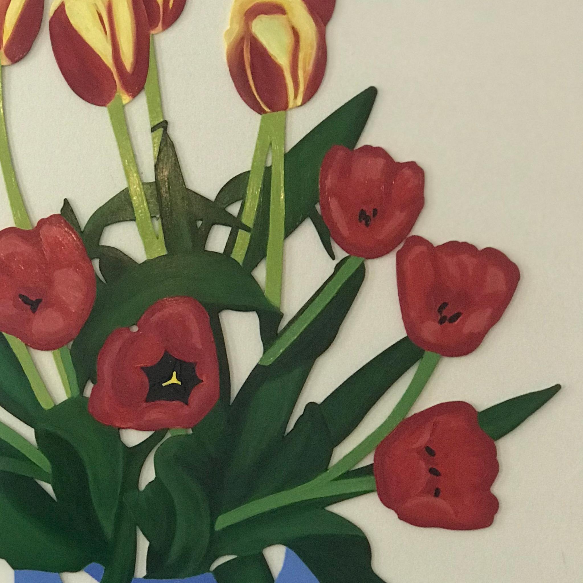 Twelve Tulips SM Oil Painted Wall Sculpture Red Yellow Blue - Beige Still-Life Sculpture by Debbie Carfagno