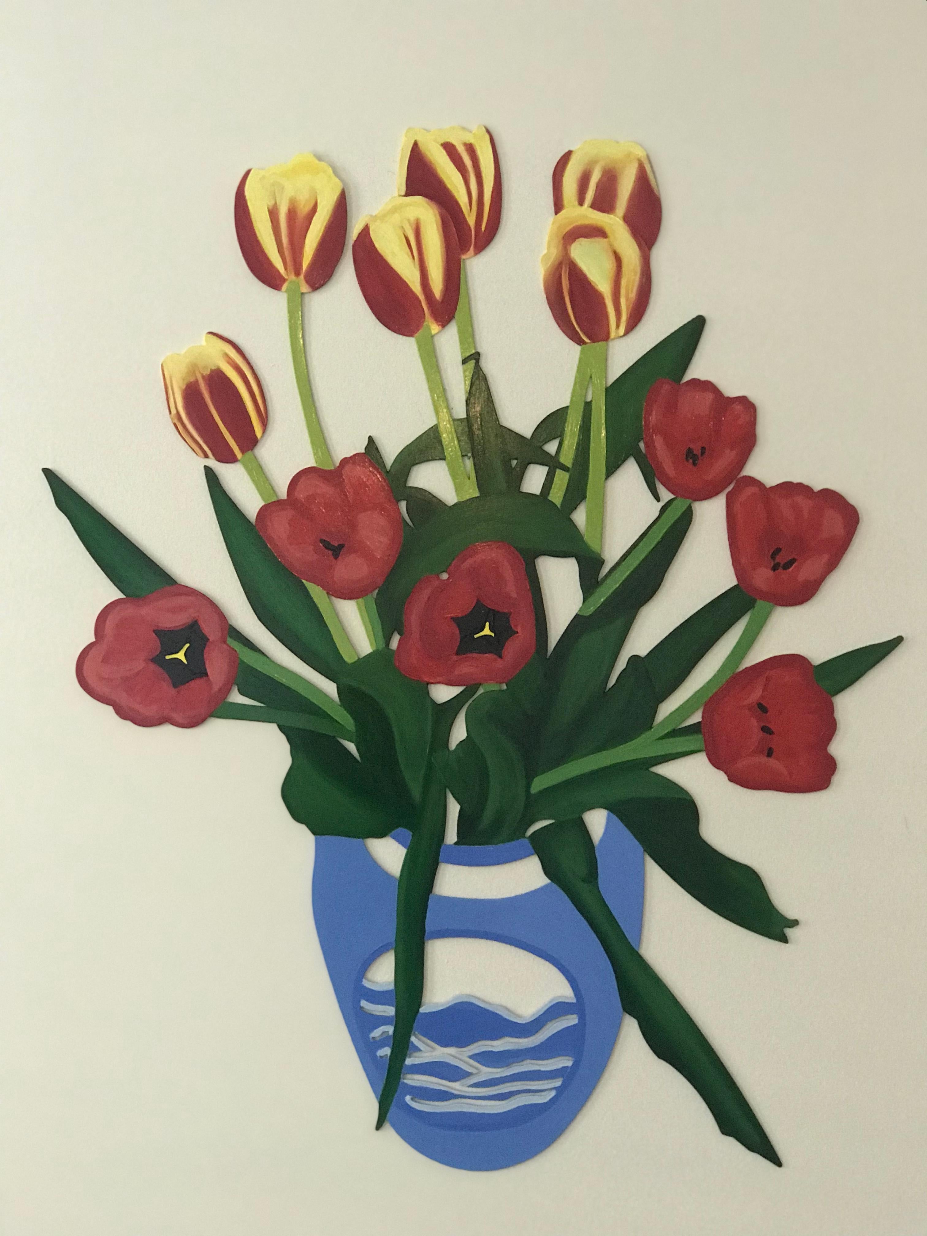 Debbie Carfagno Still-Life Sculpture - Twelve Tulips SM Oil Painted Wall Sculpture Red Yellow Blue