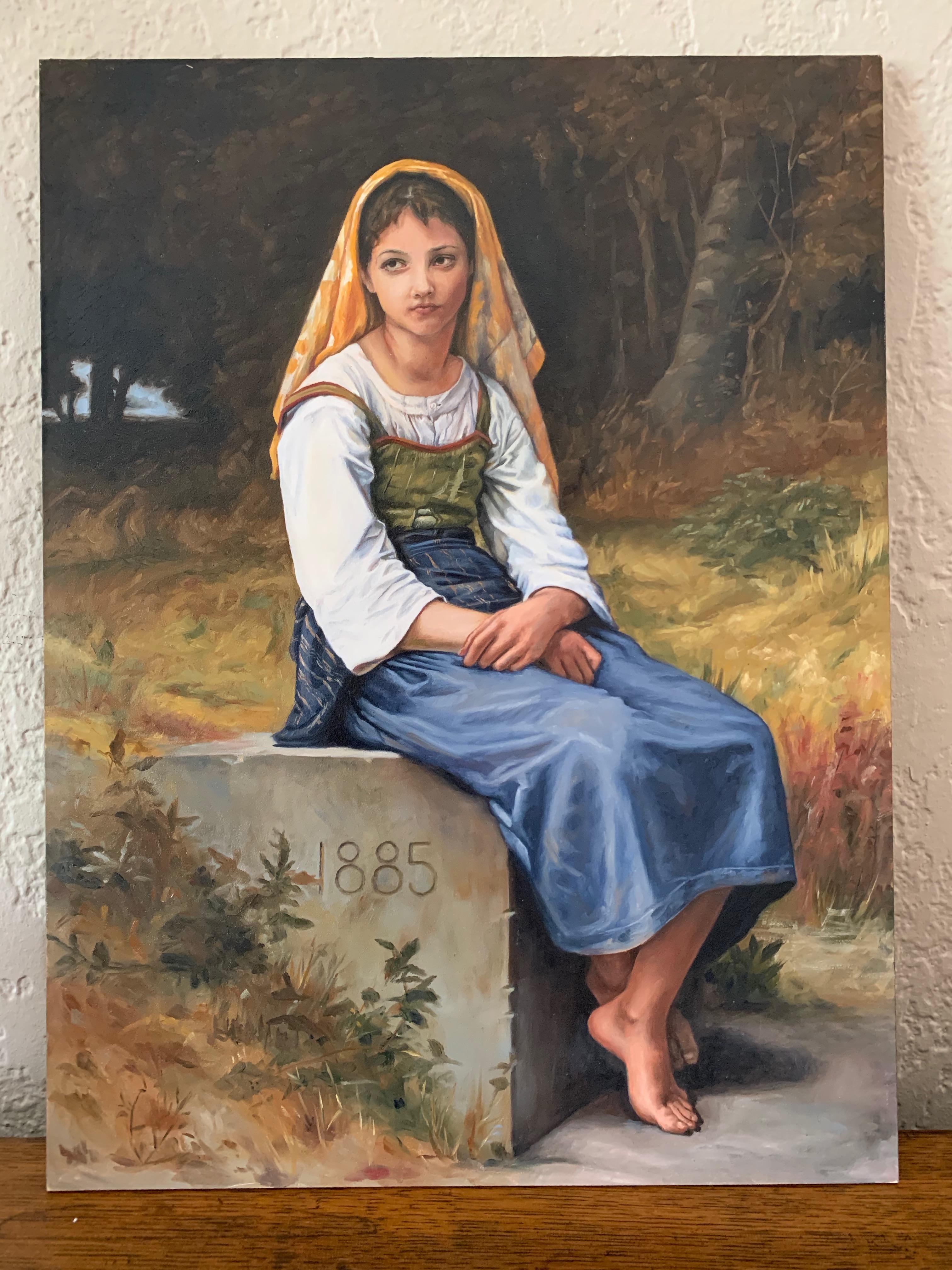 painting of a woman holding a log
