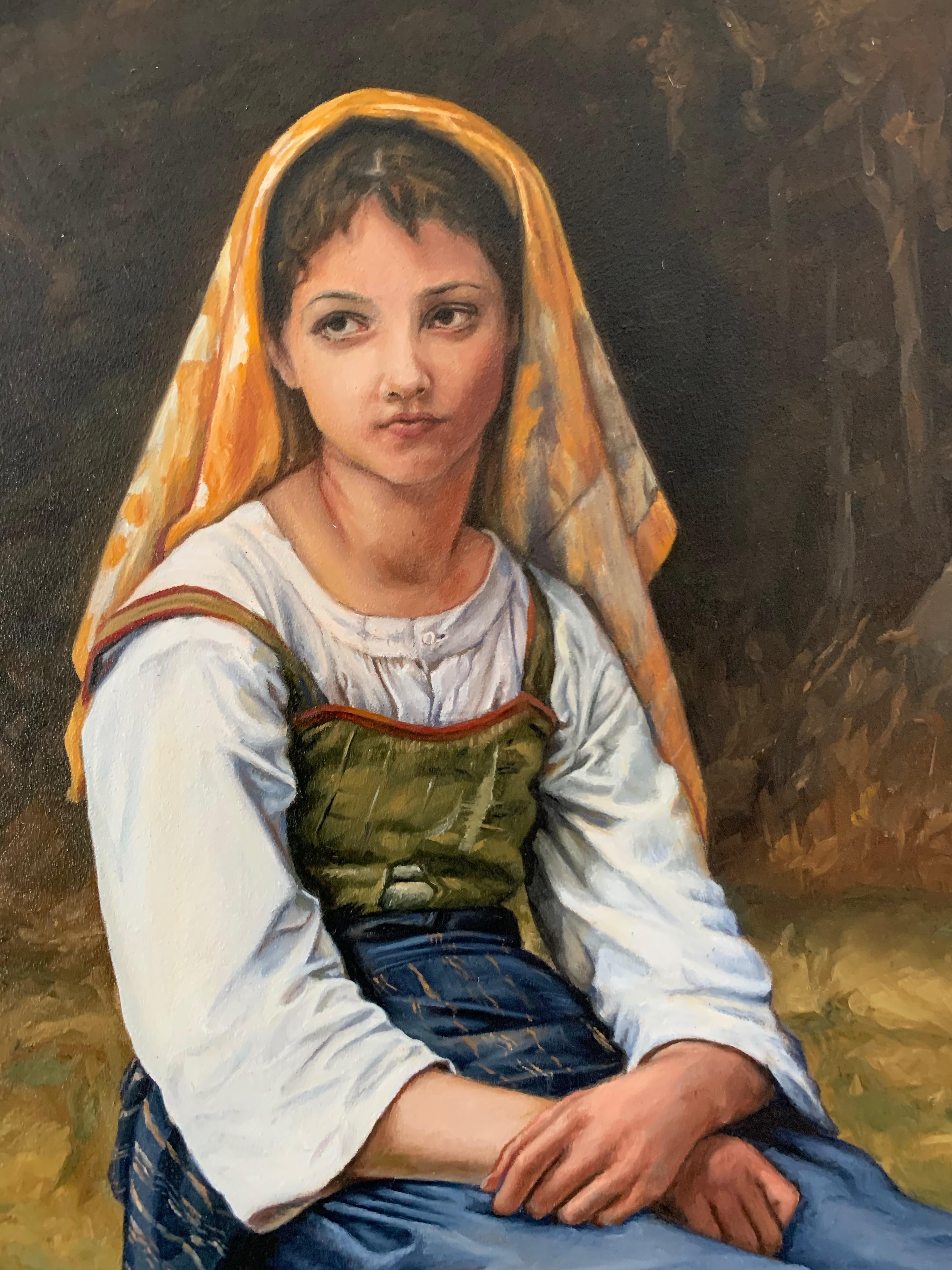 painting of woman holding log