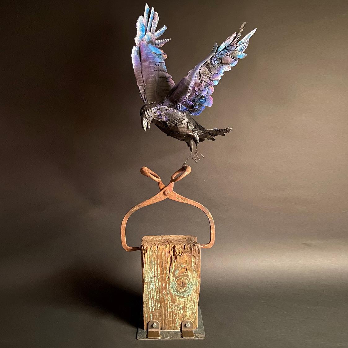 Debbie Korbel Figurative Sculpture - A Magisterial Mixed Media Cardboard Sculpture, "As the Crow Flies"