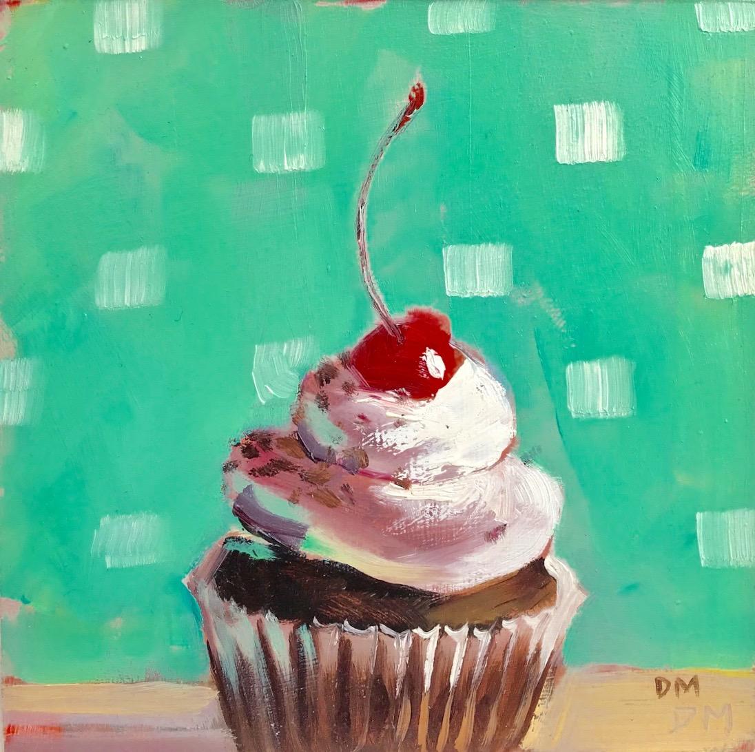 Debbie Miller Still-Life Painting - "After Dinner Mint"  Small still life, cupcake, white frosting, cherry on green