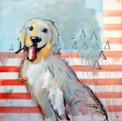 "All American" Oil painting of a white Labrador in front of American Flag 