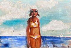 "Azure" Girl in white and yellow bikini  white latex cap and goggles next to sea