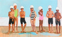 «Antes del silbato»: niños, nadadores, junto a la piscina, en verano