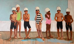 «Antes del silbato»: niños, nadadores, junto a la piscina, en verano