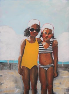 "Best Friends" oil painting of two girls in yellow swimsuit and striped bikini