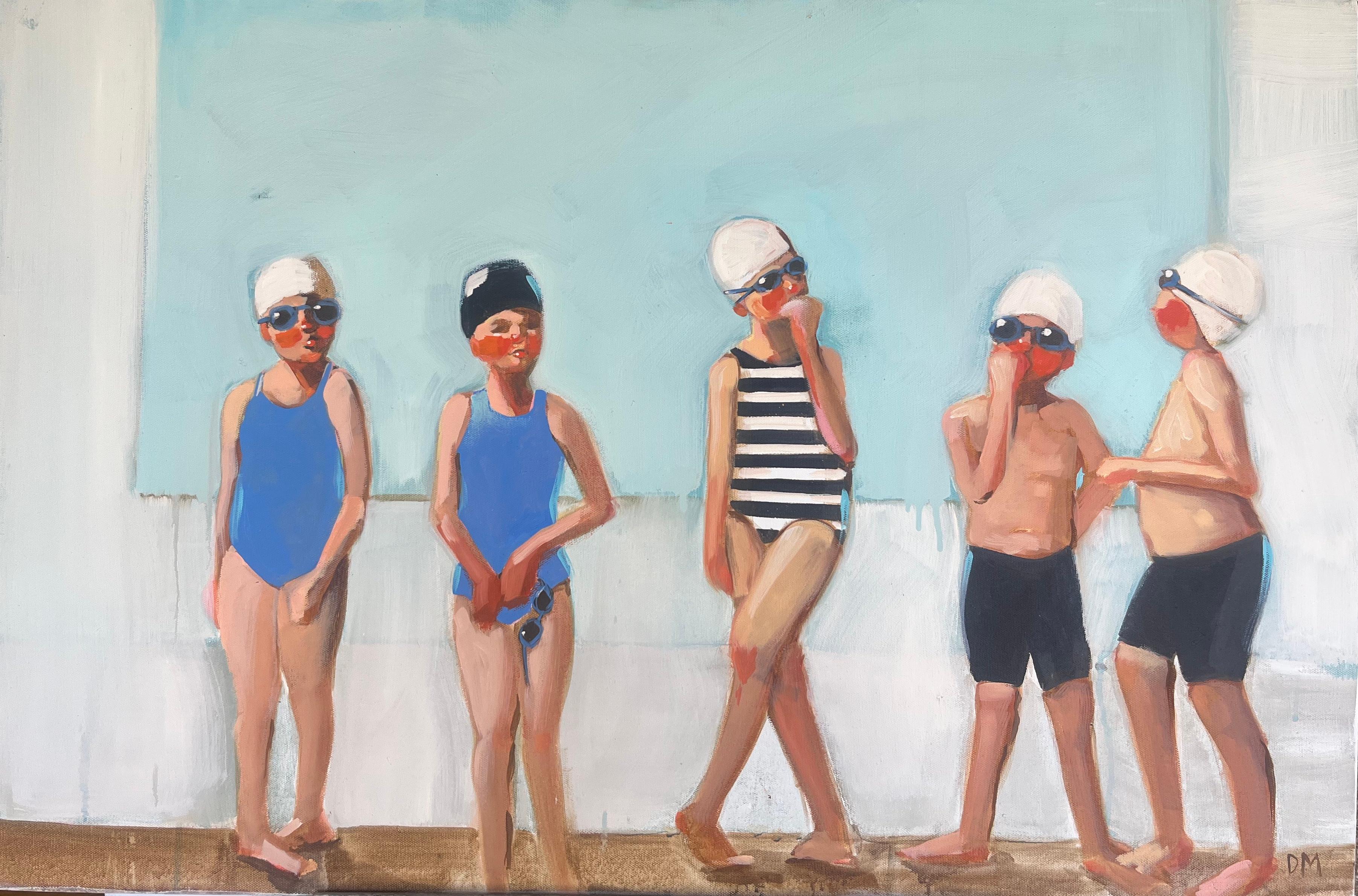 "Entre carreras": nadadores, atletismo, niños, piscina, competición, gafas de natación, gorros de baño