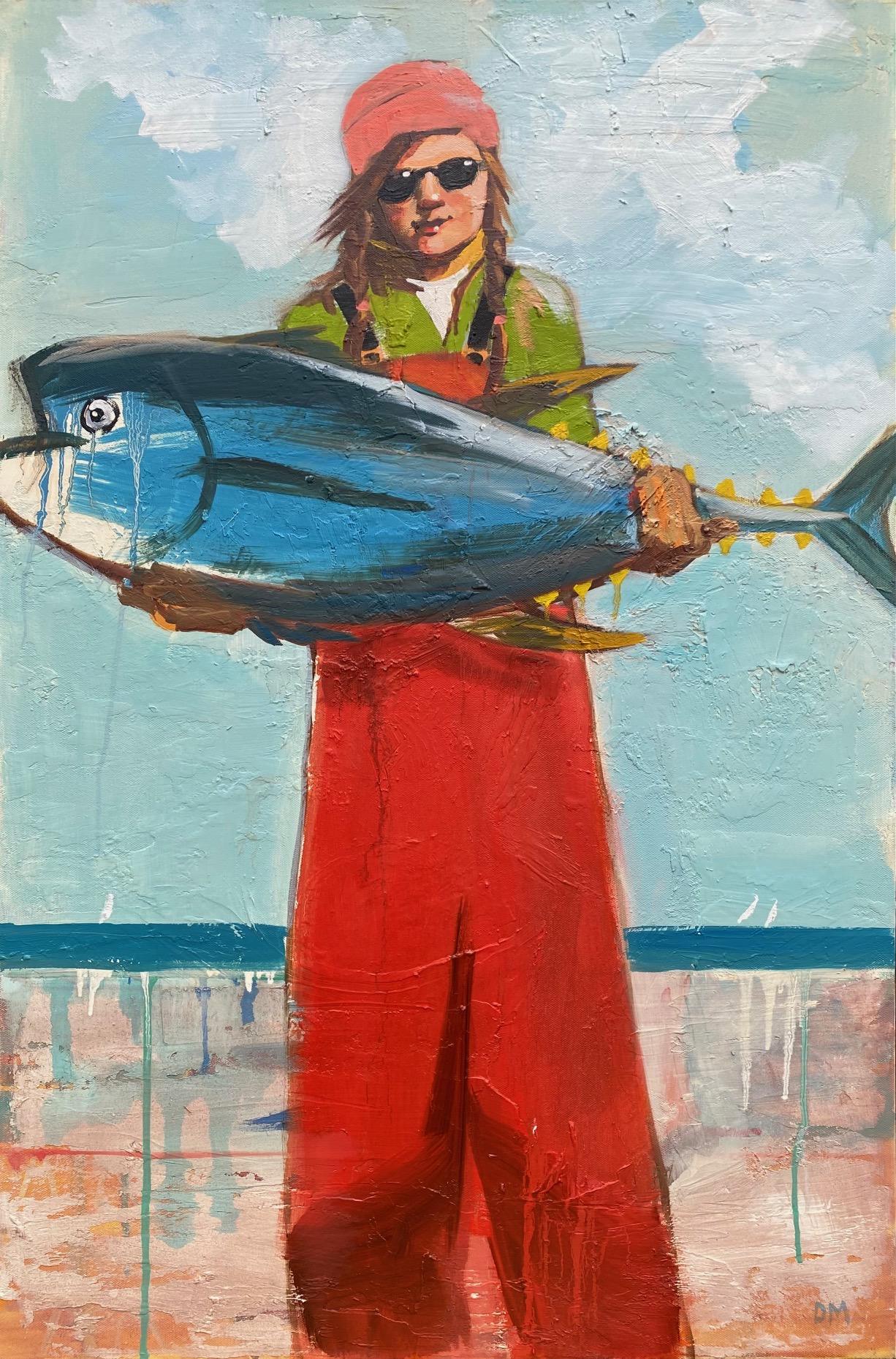 Debbie Miller Figurative Painting - "Catch Me If You Can" a vivid and strong female fisherman with her catch