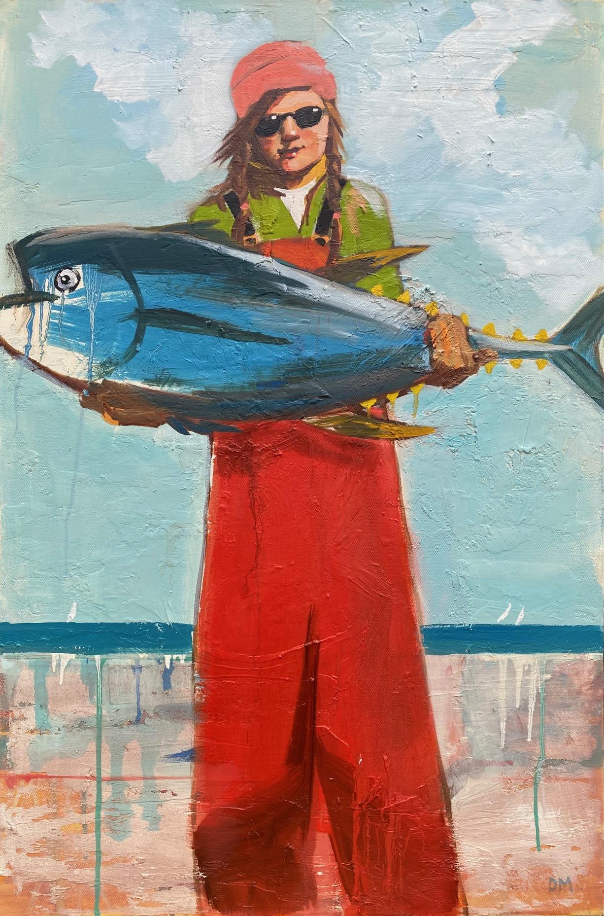 Debbie Miller Figurative Painting – "Catch Me If You Can" - eine lebendige und starke Fischerin mit ihrem Fang