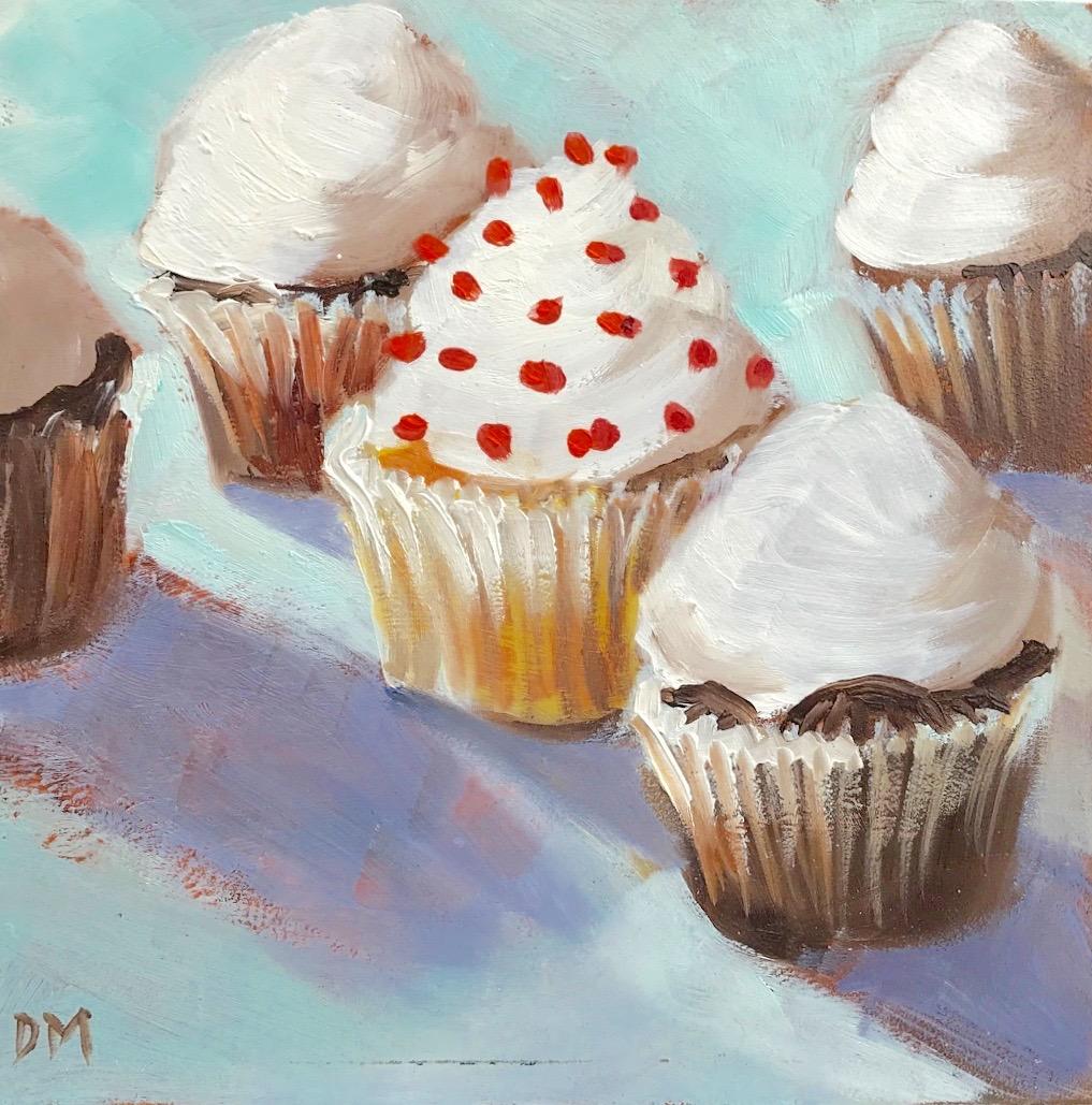 Debbie Miller Still-Life Painting - "Center of Attention" 5 Cupcakes with White Frosting and Red Sprinkles Pale Blue