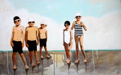 "Current Mood" Oil painting of boys and girls in black and white swimsuits, caps