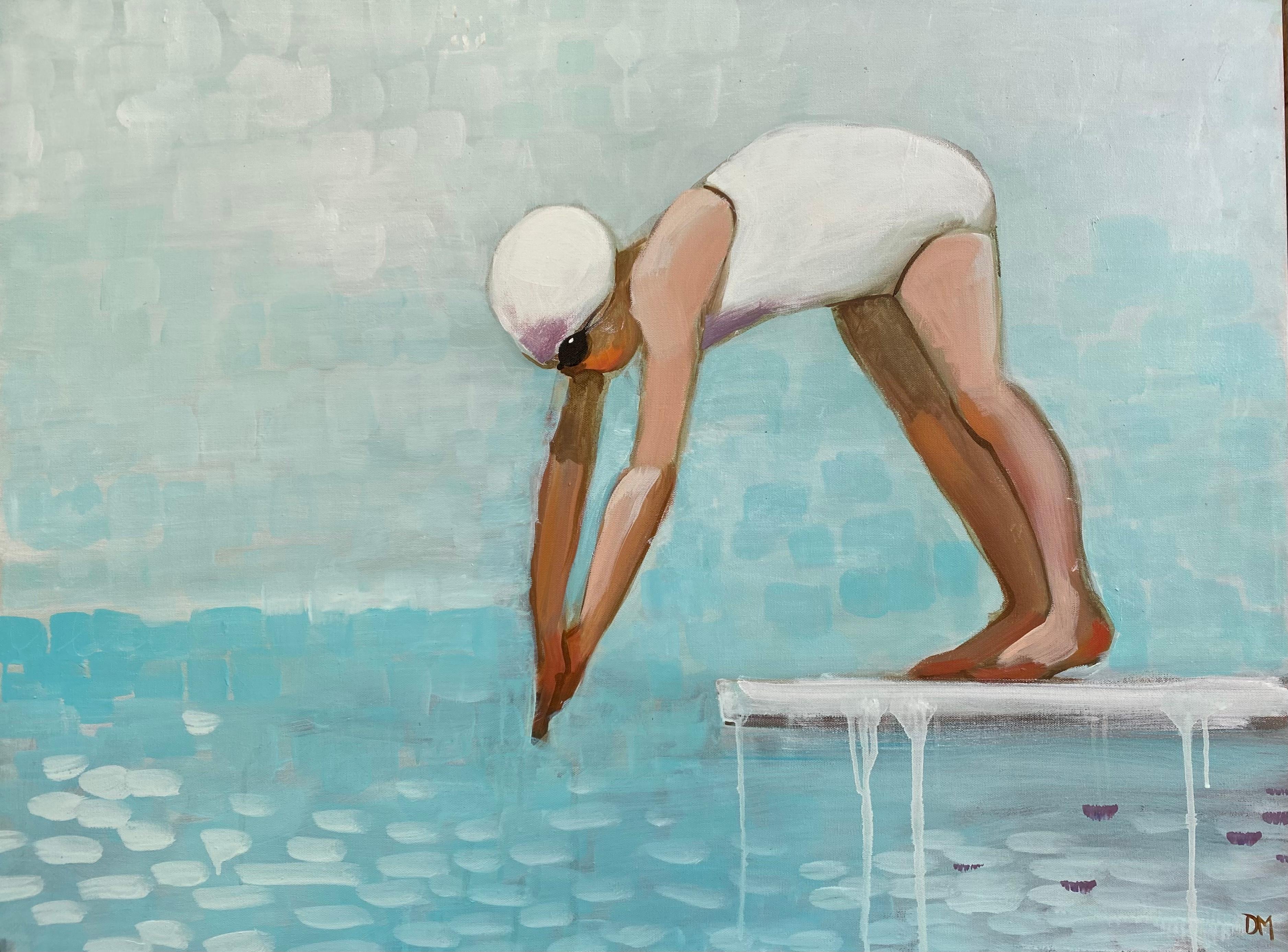 Debbie Miller Figurative Painting - "Dive In" oil painting of girl diving into pool with white bathing suit and cap