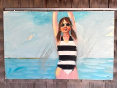 "Ease 2026" swimmer, young girl with pigtails, goggles, blue ocean, sunshine joy
