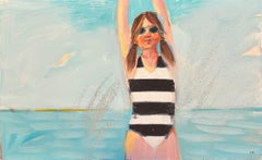 "Ease" eine junge Frau, sorgloser Geist des Sommers, Schwimmen, Strandtage, Stretch