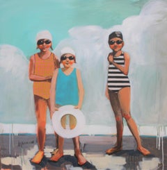 "Friend Circle" oil painting of three girls in bathing suits and caps and tube