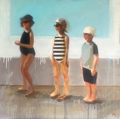 "Gather" three swimmers, two girls, one boy, sports, competition, race, pool