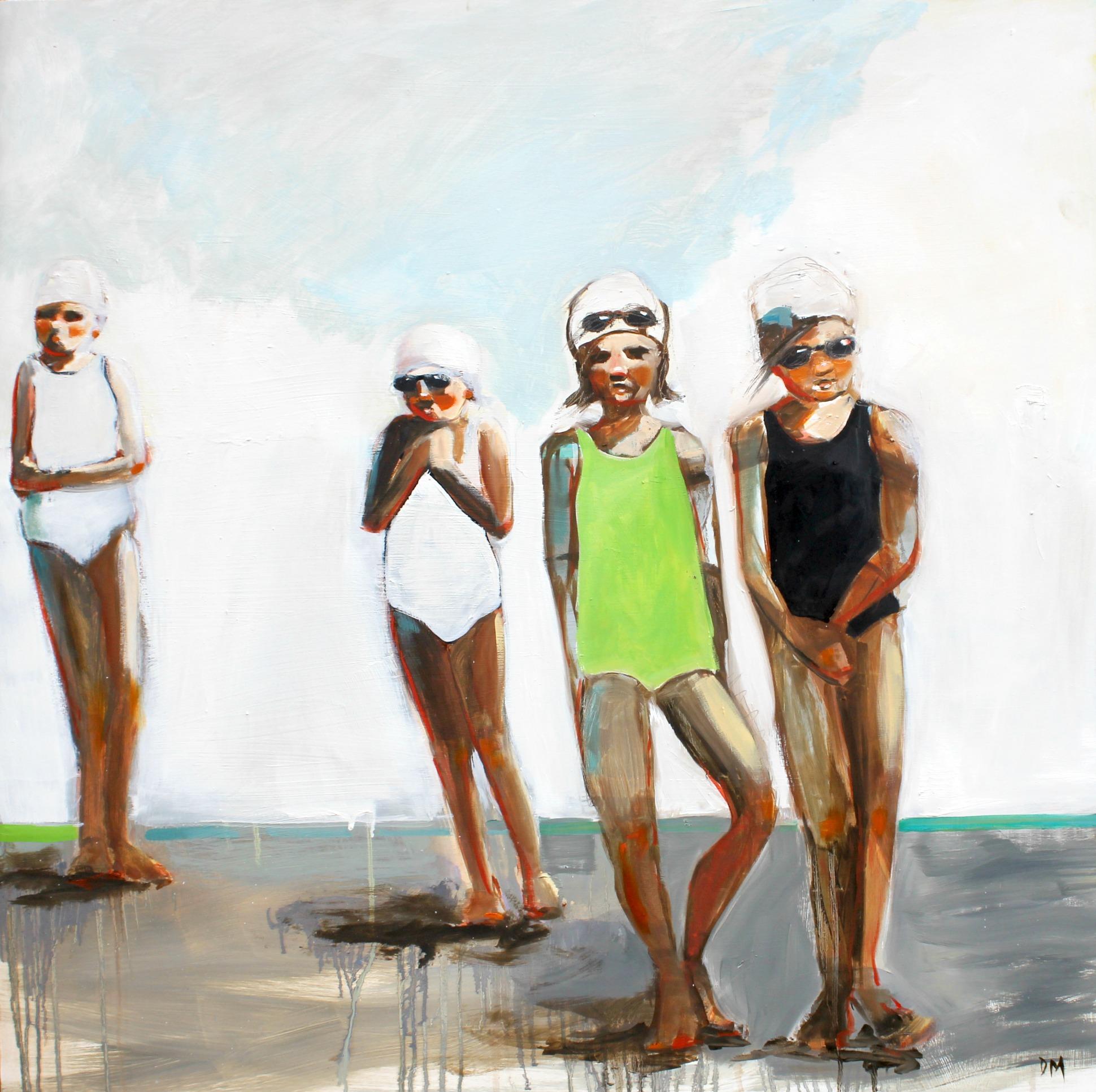 Figurative Painting Debbie Miller - Des enfants en costumes de bain verts, noirs et blancs, fond gris et blanc