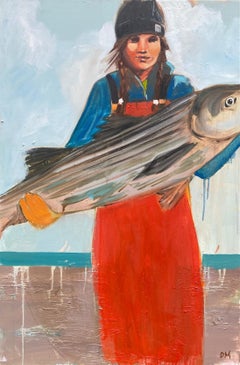"Good Catch" oil painting of a fisherwoman in orange waders holding large fish.