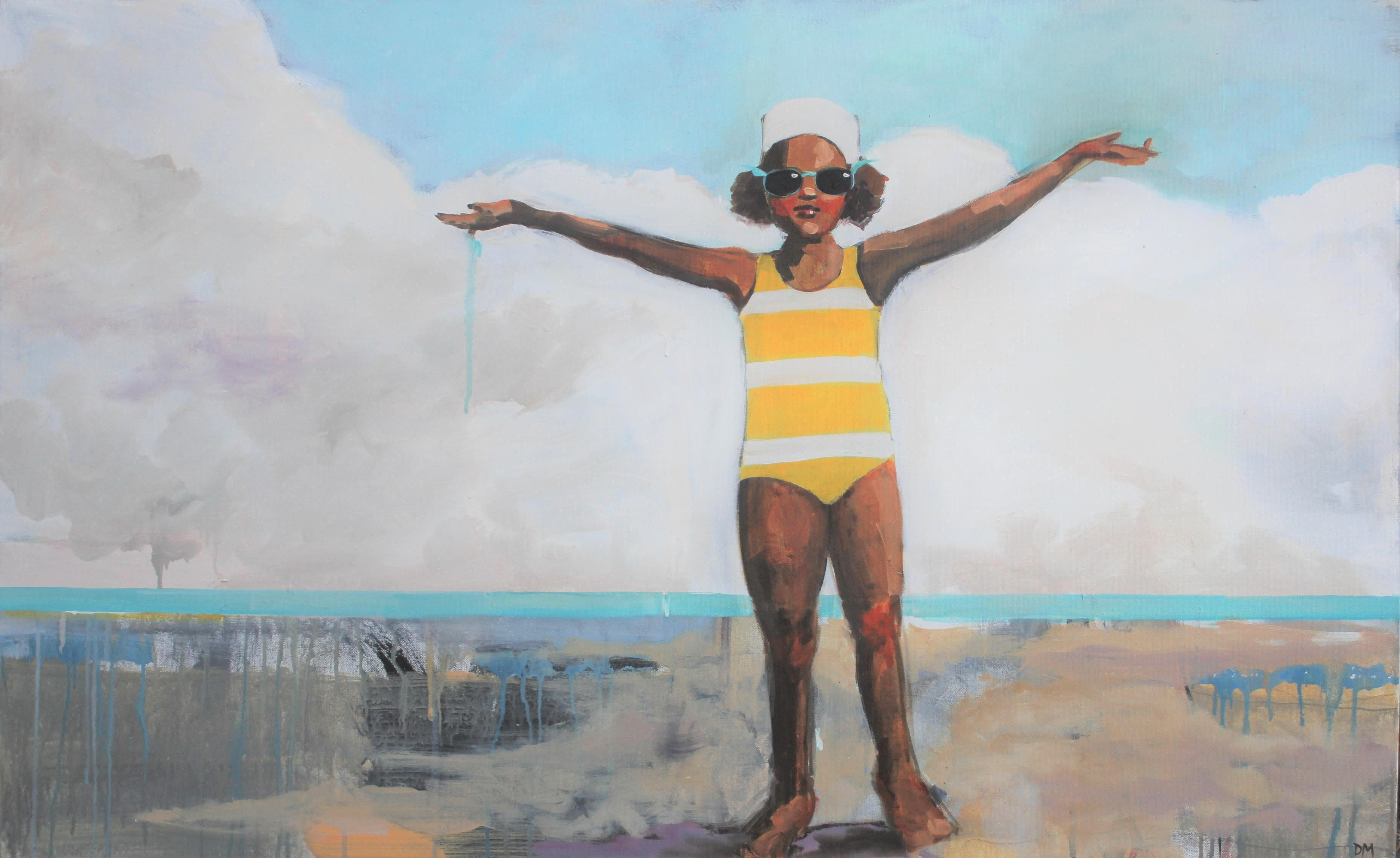 Debbie Miller Figurative Painting - "Home Again" oil painting of a girl in yellow striped swimsuit with arms raided