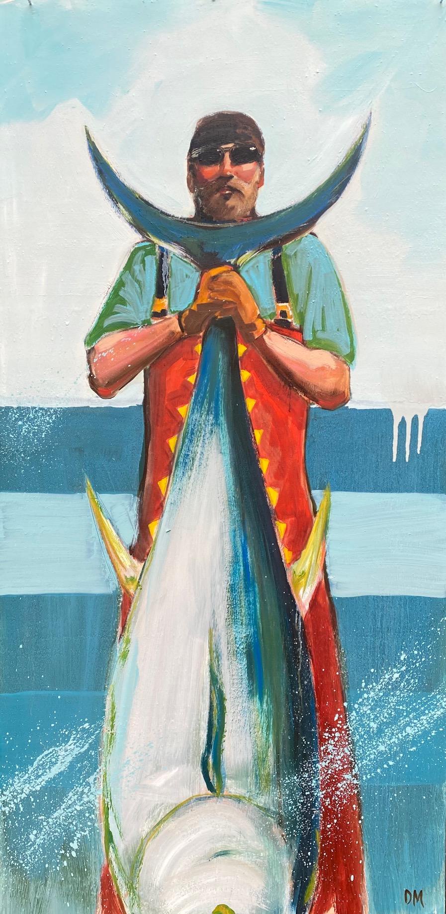 "Hooked", un portrait lumineux et fantaisiste d'un pêcheur en costume avec sa prise fraîche.
