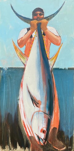 "Hot Rod" dipinto a olio di un pescatore che tiene in mano un tonno rosso sul mare